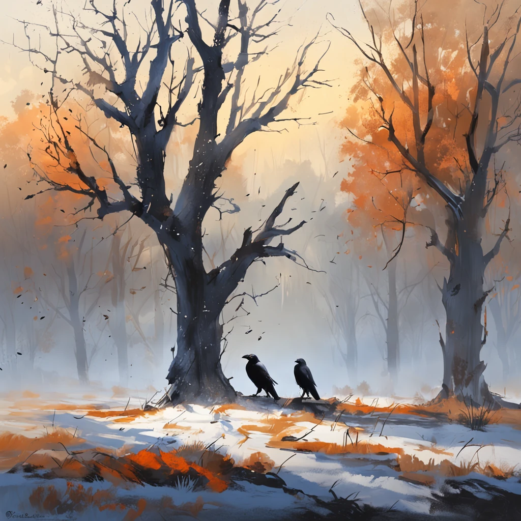 Two crows on a dead tree, A shadow shaped like a walker, Starry night, Thick fog on the ground, Blue light on the horizon, Unreal Engine 5, Cinematic, low angle photography, Motion blur, Depth of field, Dust, Cobblestones and dirt. Splash Art, dripping paint. Perfect color grading. Influenced by Karel Appel and Jeremy Mann, Full of dramatic and threatening scenes, Hyper-detailed, Beautiful, insanely details, Intricate details, editorial photography, shot with a 50mm lens, Depth of field, Tilt Blur, Shutter speed 1/1000, f/22. Lightmaps, Super bright