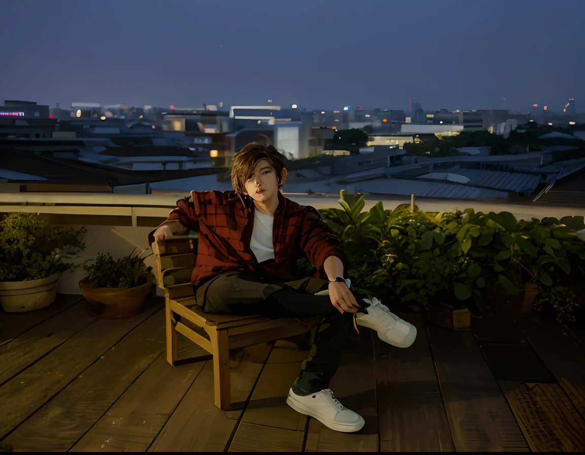 there is a man sitting on a bench on a roof, sits on a rooftop, cai xukun, set in tokyo rooftop, taken with canon eos 5 d mark iv, on rooftop, on rooftop tokyo night, shot on canon eos r 5, shot on canon eos r5, shot with canon eoa 6 d mark ii, taken with canon 8 0 d