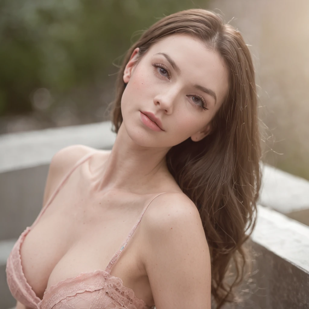 (One lady)、Ukrainian sexy women、18year old、Coquettish chest up，purse your lips，Pupil flickering，Shyness and drunkenness，Plant tattoos，oversized tits，Pink ，Affofualism，photo realisti，God Light，Chest table，One person's point of view，1080p，high detal，Skin Texture。