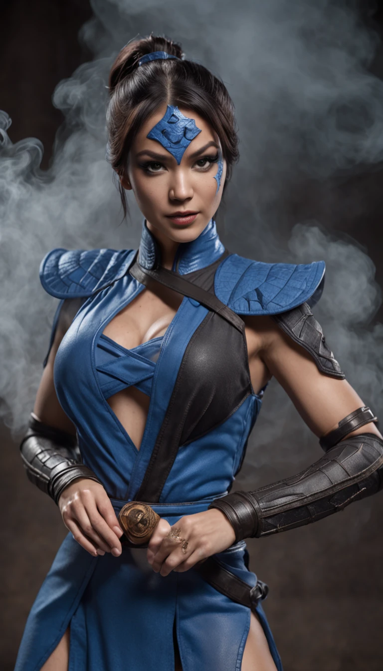 ((Kitana of the Mortal Kombat, Ultra realistic)), (((full body))), ((perfect hands)), stunning, hyper realistic, octan render, surrounded by the effect of smoke and lightning, Mortal Kombat Style, Antique Background, Elegant, Stunning, (Wallpaper), Concept Art, Intricate Details, Highly Detailed, ((Cinemactic)), Dramatic, (Highest Quality, Awarded, Masterpiece:1.5), (Photorealistic:1.5), photography, Realistic photo, Nikon, Natural Light, 4k, highes definition, XF IQ4, 150MP, 50 millimeters, ISO 1000 Certification, 1/250 Years, Natural Light, Adobe Lightroom, photolab, Photographic Affinity, PhotoDirector 365,