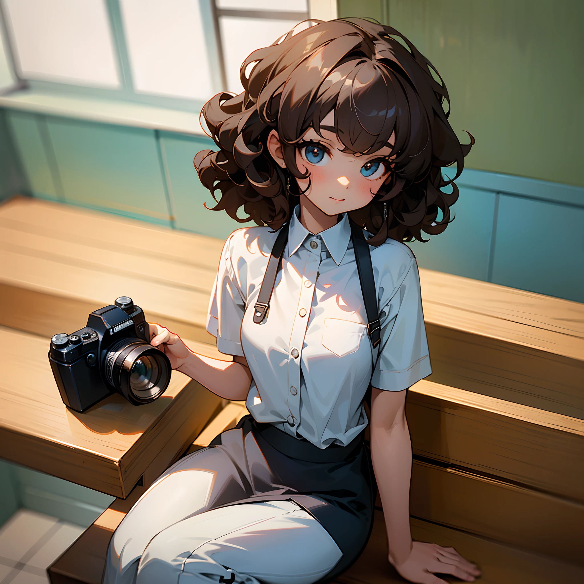 (masterpiece, best quality), black girl, curly hair, barista , eye contact, sitting pose, camera angle from up