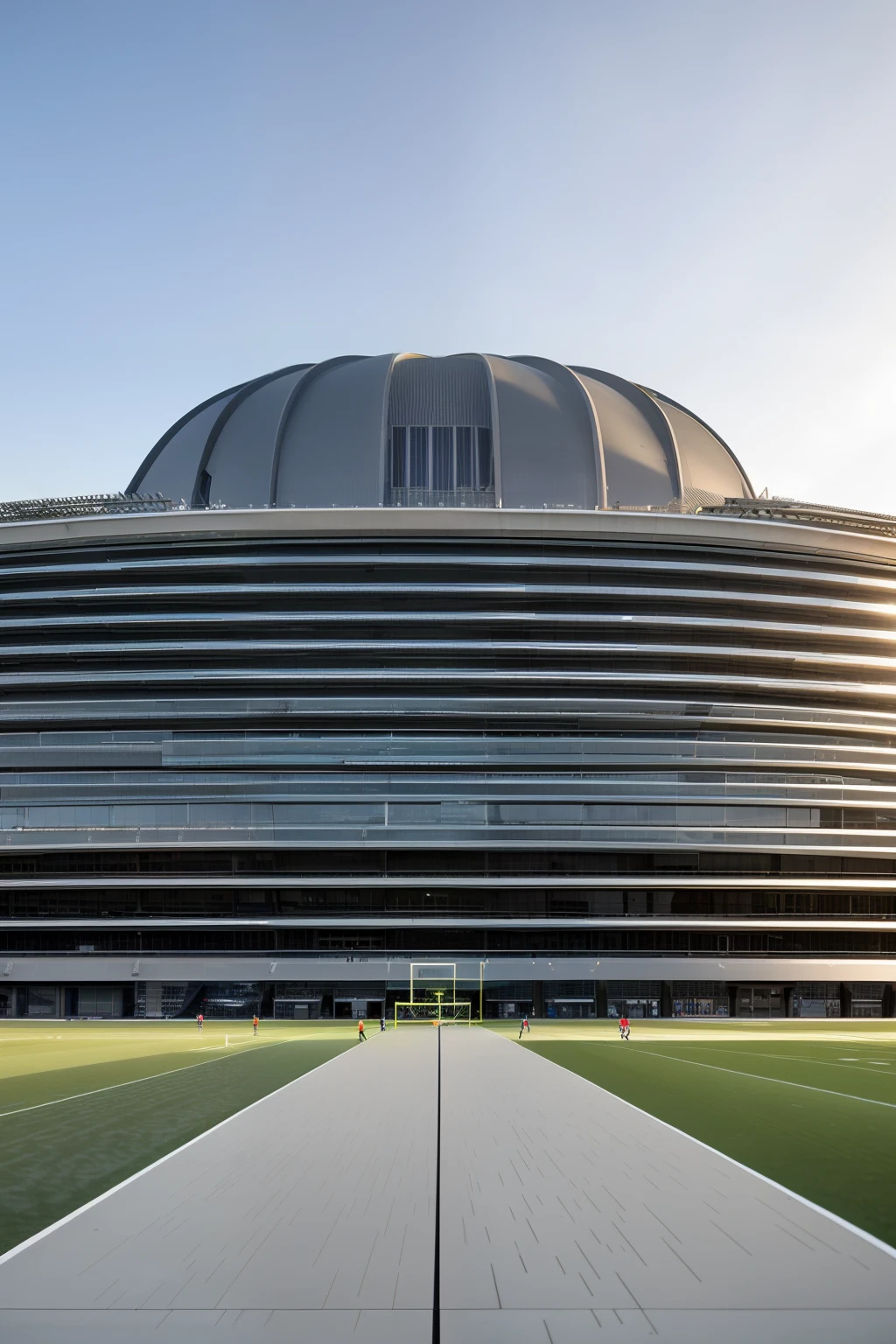 dvArchModern, 80mm, f1.8, portrait, photo realistic, hyperrealistic, orante, super high quality render , ((football stadium)) inspired by the topography of agricultural land, wavy form ,((turrets on the facade)), entrance path , entrance doors, parking ، sunset lighting, shadows
