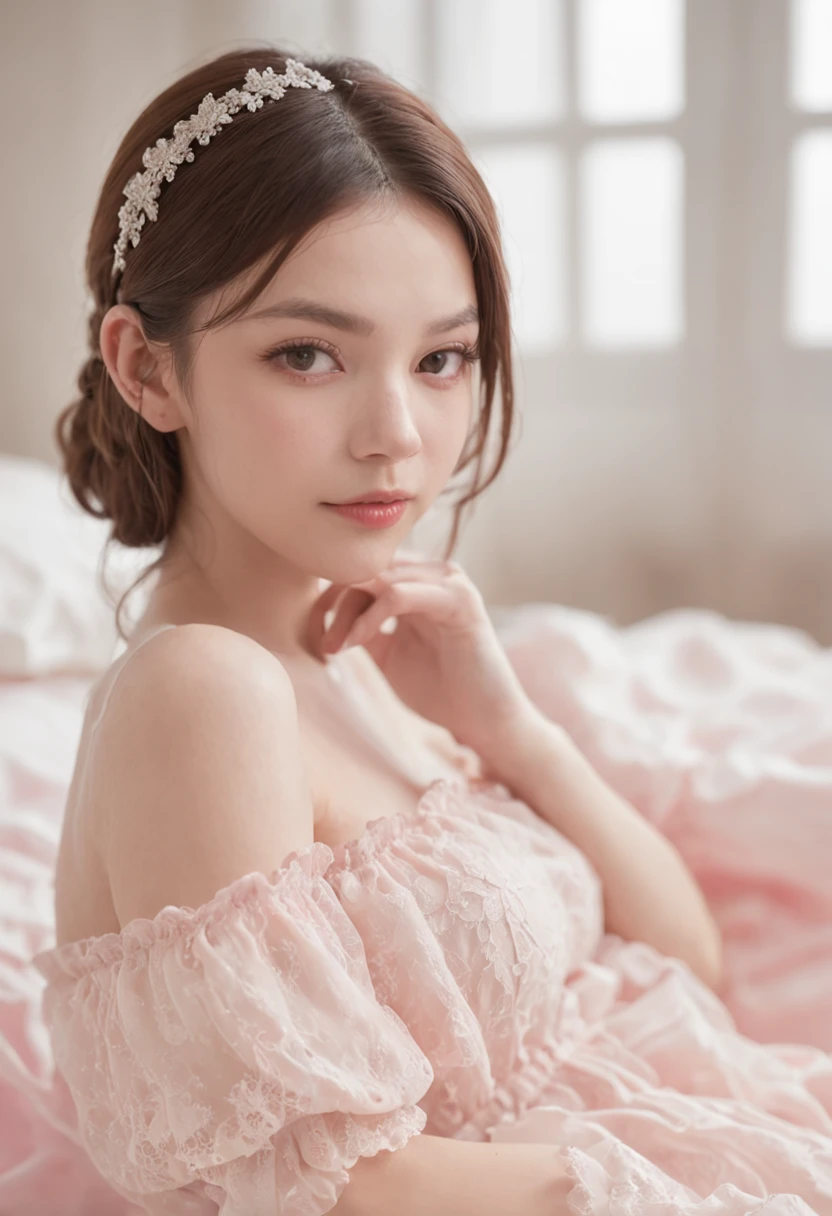 1girl in, Solo, a pixie cut,Background white,in bed,All Lace Materials 3/4 Cup Bra,T-back panties,M-shaped legs,Japan agers,