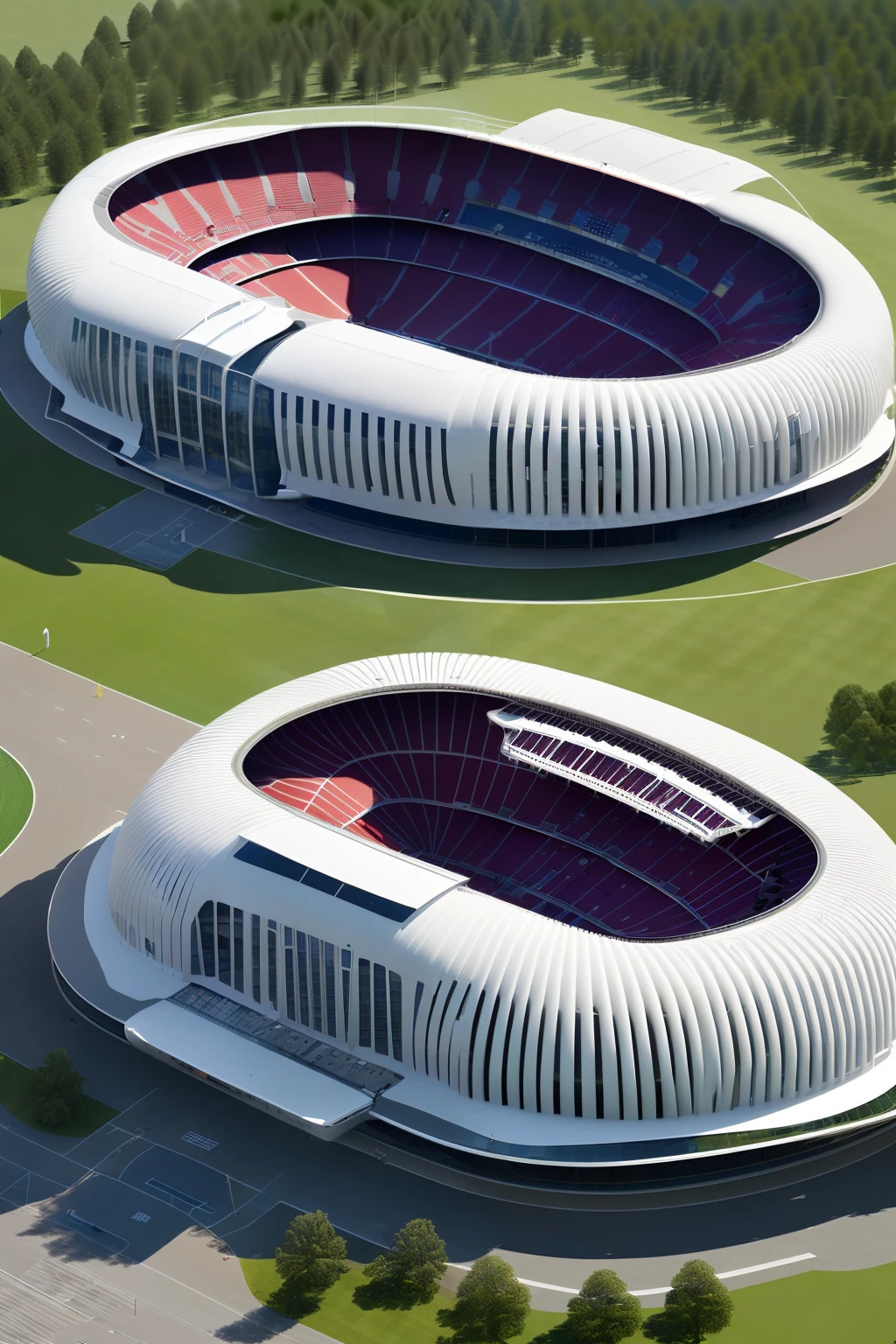 dvArchModern, 80mm, f1.8, portrait, photo realistic, hyperrealistic, orante, super high quality render , ((football stadium)) inspired by the topography of agricultural land, wavy form ,((turrets on the facade)), entrance path , entrance doors, parking ، sunset lighting, shadows