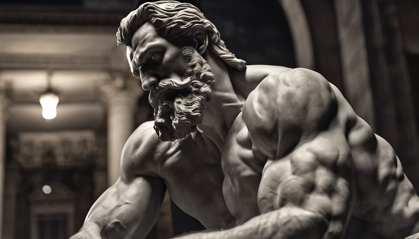 A white marble statue of a muscular, bearded man with a stern look in a darkened square at night, in the style of photographers Annie Leibovitz and Peter Lindbergh.