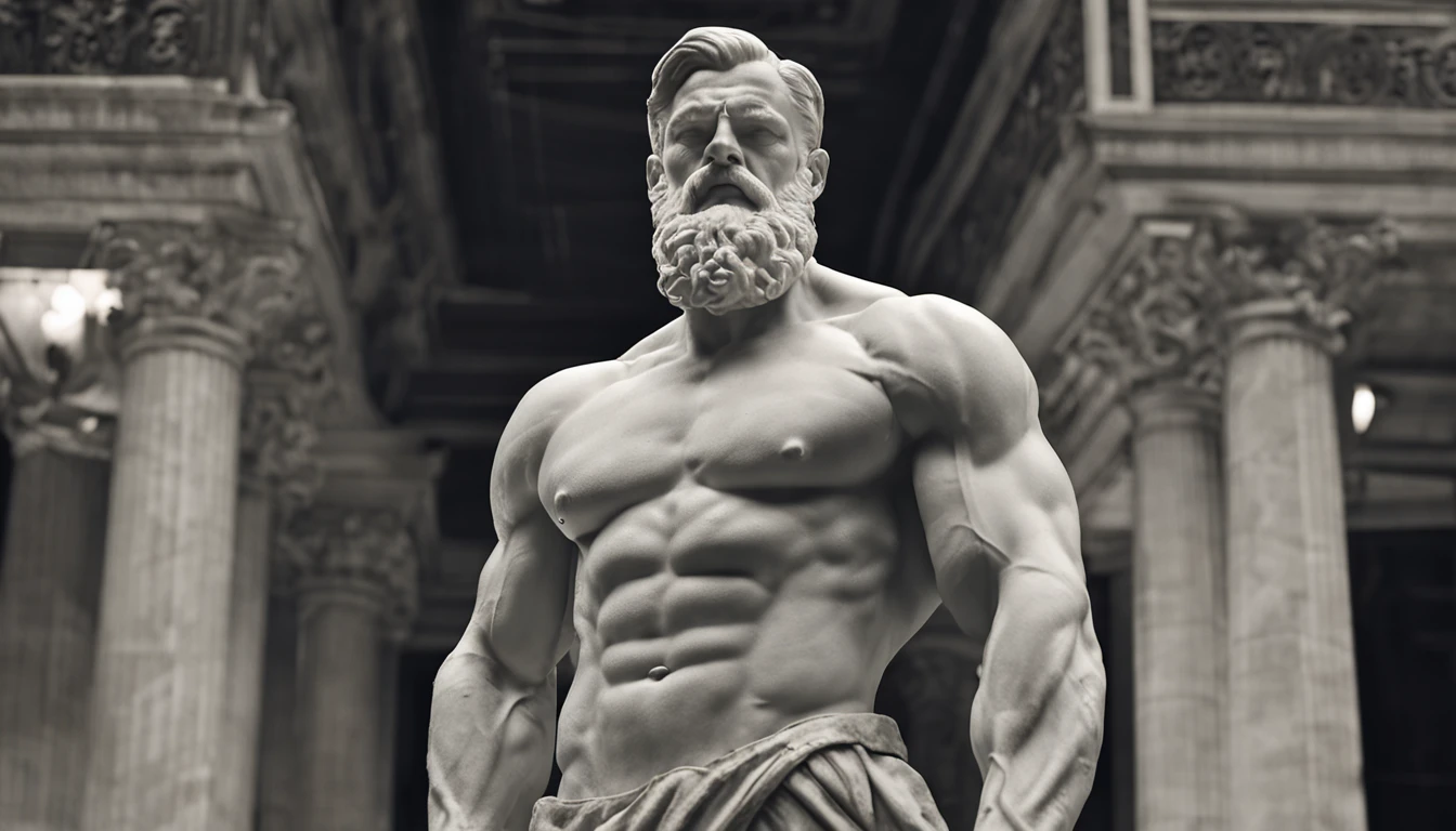 A white marble statue of a muscular, bearded man with a stern look in a darkened square at night, in the style of photographers Annie Leibovitz and Peter Lindbergh.