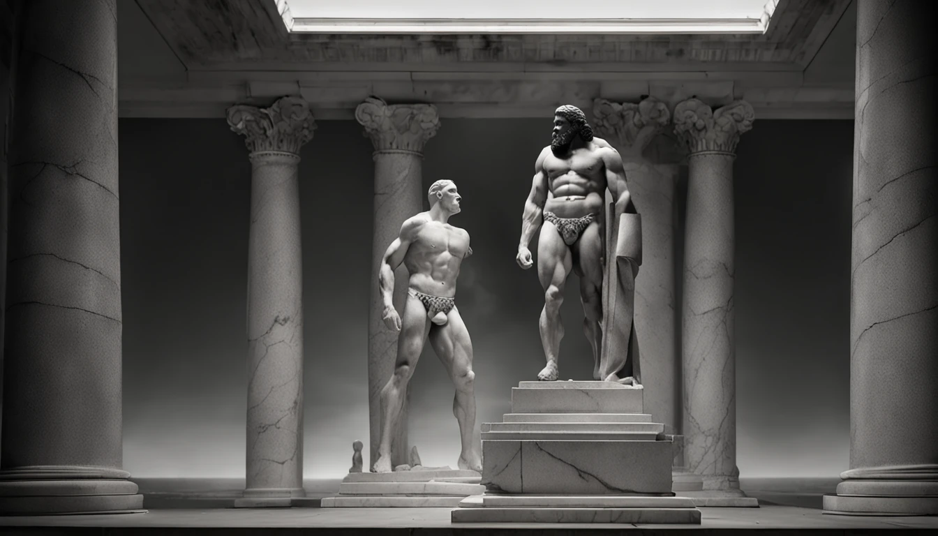 A white marble statue of a muscular, bearded man with a stern look in a darkened square at night, in the style of photographers Annie Leibovitz and Peter Lindbergh.