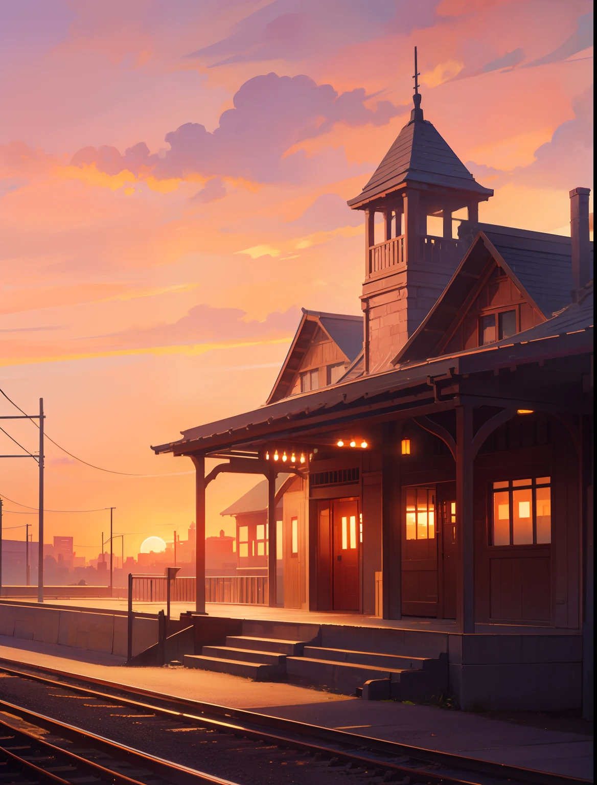 in the style of makoto shinkai, superfine illustration, Best Quality, Craft an evocative illustration featuring an old, weathered train station building set against the backdrop of a breathtaking sunset. The station should exude a sense of history and nostalgia, its worn facade hinting at the stories it holds. The sunset's warm palette of oranges, purples, and golds should envelop the scene in a tranquil, wistful ambiance. Ensure that the station's architecture reflects an era gone by, capturing the essence of its character. Let the play of light and shadow accentuate the station's details, while the fading sun casts a soft, nostalgic glow. The scene should invite viewers to step into a moment frozen in time, where the convergence of the old station and the ethereal sunset creates a heartfelt connection to the past. Through your artistic touch, create a poignant and captivating image that captures the essence of nostalgia and the beauty of fleeting moments