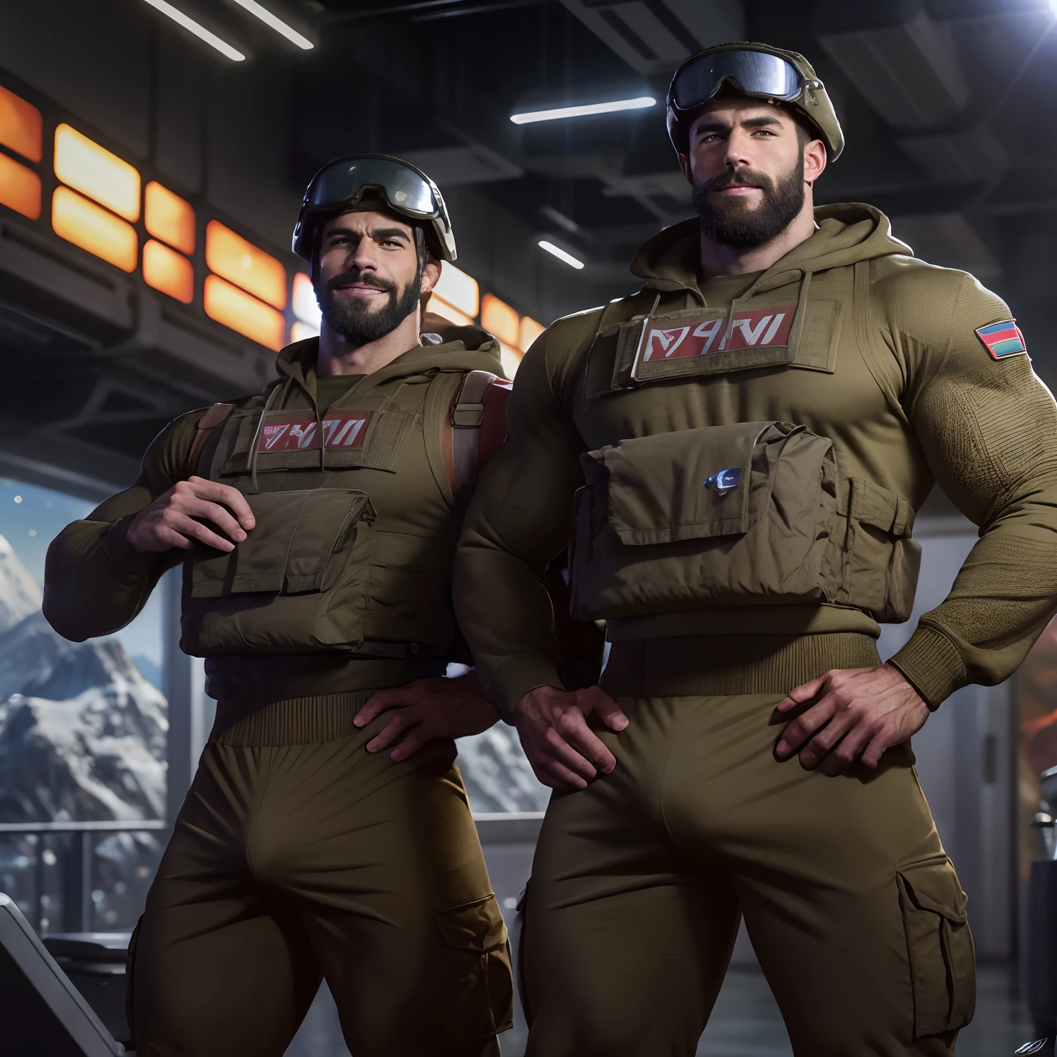 A two muscular Soviet Union soldiers on vacation, hairy body, alpha male, huge biceps, ripped abs, shaggy hair, gym pants, mountain spaceport with starships, cuddle together, smile, 4k, high detailed, beautiful, dark age, art by Stanley artgerm, by Daniel f gerhartz, by pino daeni, highly detailed, sharp focus.
