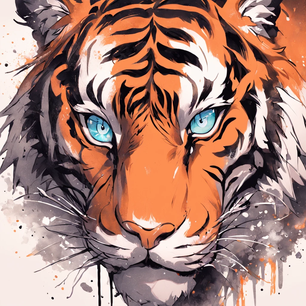 Arte de tatuagem de tigre realista cinza preto com (((olhos alaranjados))) Displays an ink splash sketch effect ,De boca aberta, ele parecia muito feroz e zangado，Classical Chinese art style