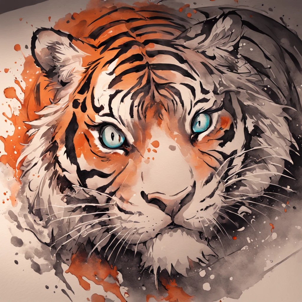 Arte de tatuagem de tigre realista cinza preto com (((olhos alaranjados))) Displays an ink splash sketch effect ,De boca aberta, ele parecia muito feroz e zangado,Classical Chinese art style