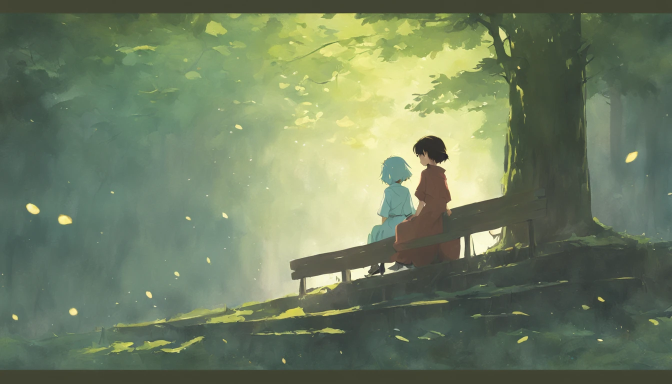 In early autumn, there is a gentle breeze and a bench next to a big tree. A girl in a white dress is sitting on the chair. Across from the girl, a boy in casual clothes is happily walking towards her.