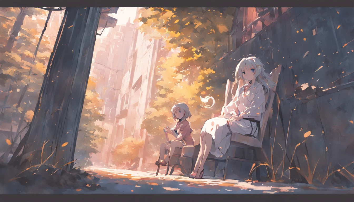 In early autumn, there is a gentle breeze and a bench next to a big tree. A girl in a white dress is sitting on the chair. Across from the girl, a boy in casual clothes is happily walking towards her.