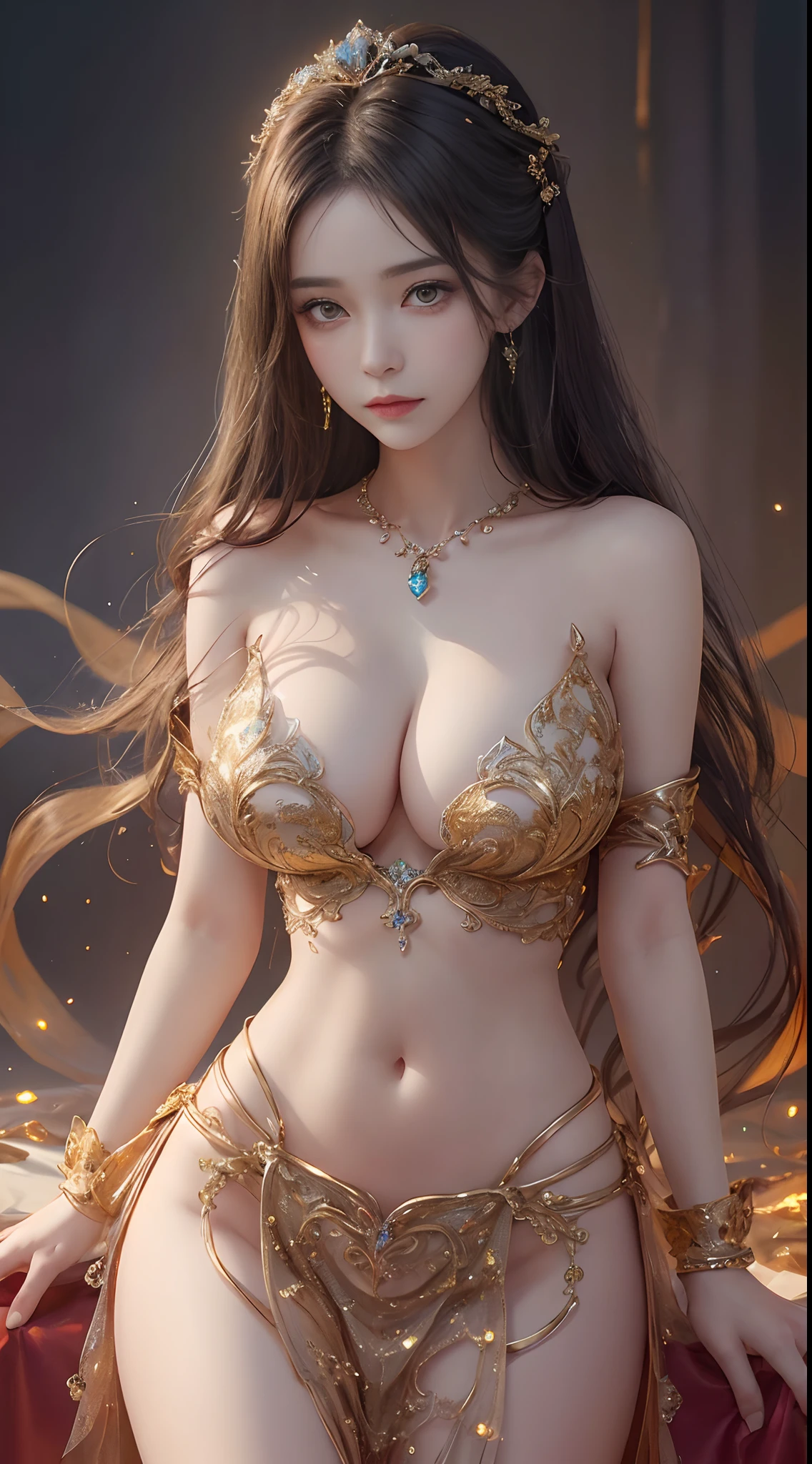 Woman in a golden transparent dress,view the viewer,(((Huge breasts, Large cleavage))),Slim waist,(navel baring,Bare waist), Long hair, Ultra-detailed details,High-end Zhenyi station, Rainstorm site, detailed fantasy art, Stunning character art, Beautiful and exquisite character art, Beautiful gold and silver armor, Extremely detailed, Girl in shiny armor, Exquisite tiaras and jewelry,Crystal jewelry filigree, milky ways, Stunning visuals, (dynamic streaks, light tracks:1.2), Vibrant colors,