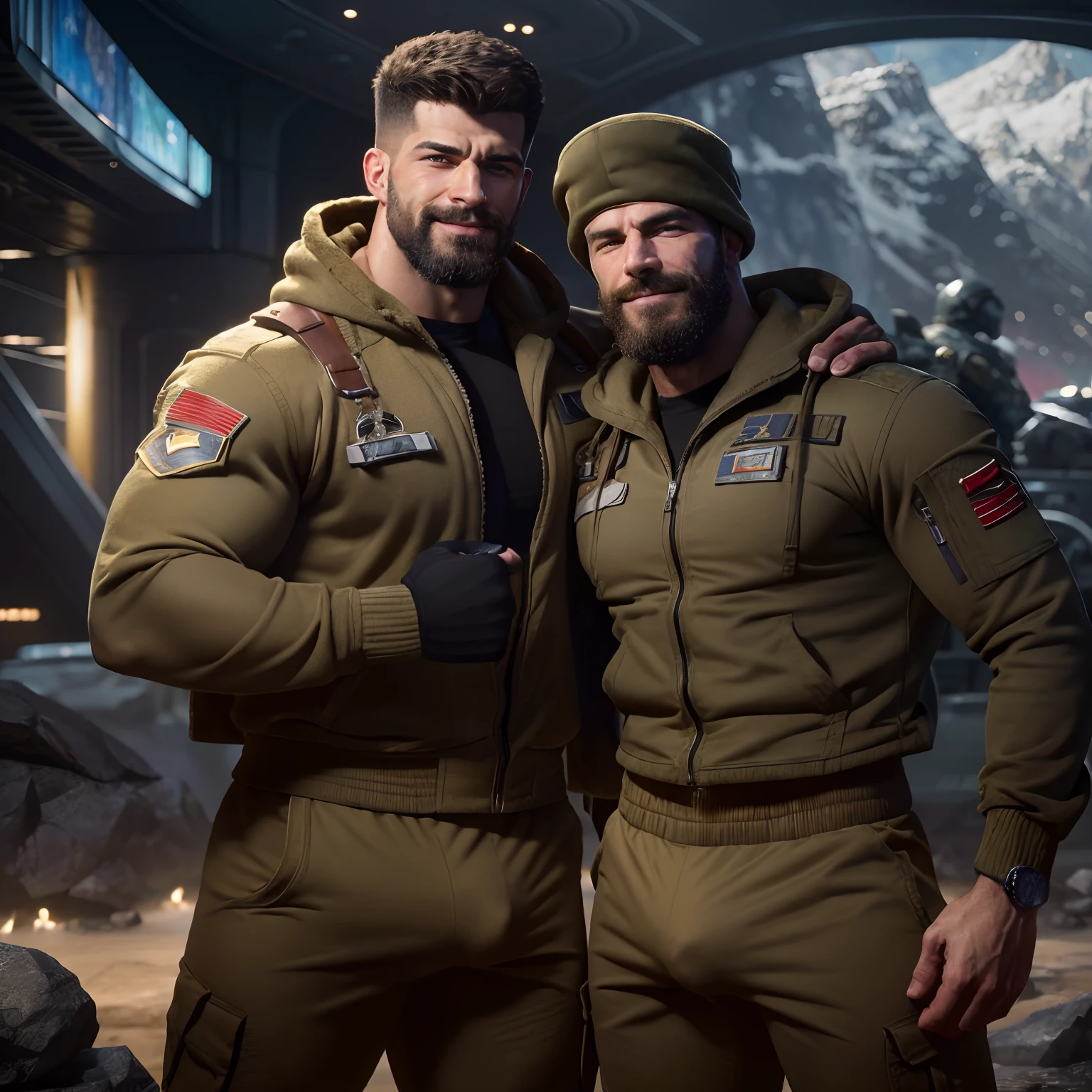 A two muscular Soviet Union soldiers on vacation, hairy body, alpha male, huge biceps, ripped abs, shaggy hair, gym pants, mountain spaceport with starships, cuddle together, smile, 4k, high detailed, beautiful, dark age, art by Stanley artgerm, by Daniel f gerhartz, by pino daeni, highly detailed, sharp focus.
