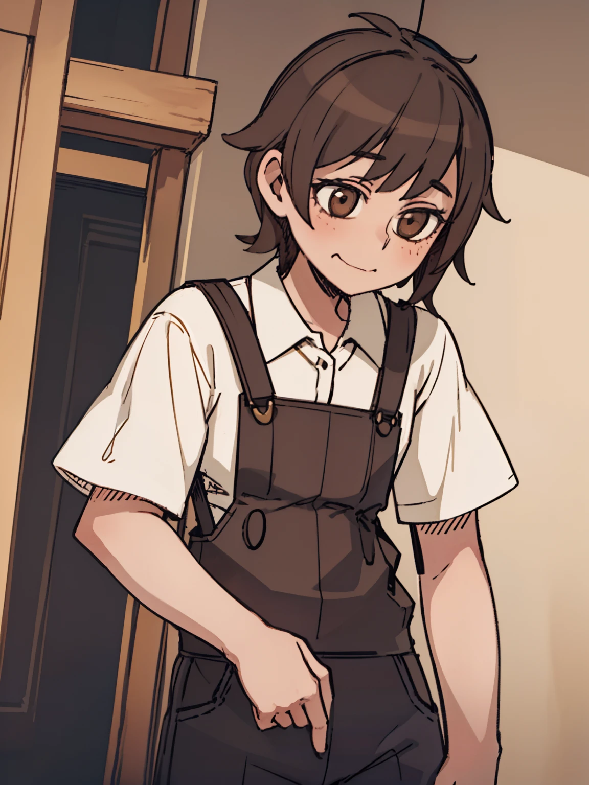 A girl frontal,((Three-quarters),(with short brown hair),(Suspenders)),Young, simplebackground，（long sideburn），Poor milk，laughingly，long trousers，tee shirt，modern day，（There is a suspender of a cloth in front）