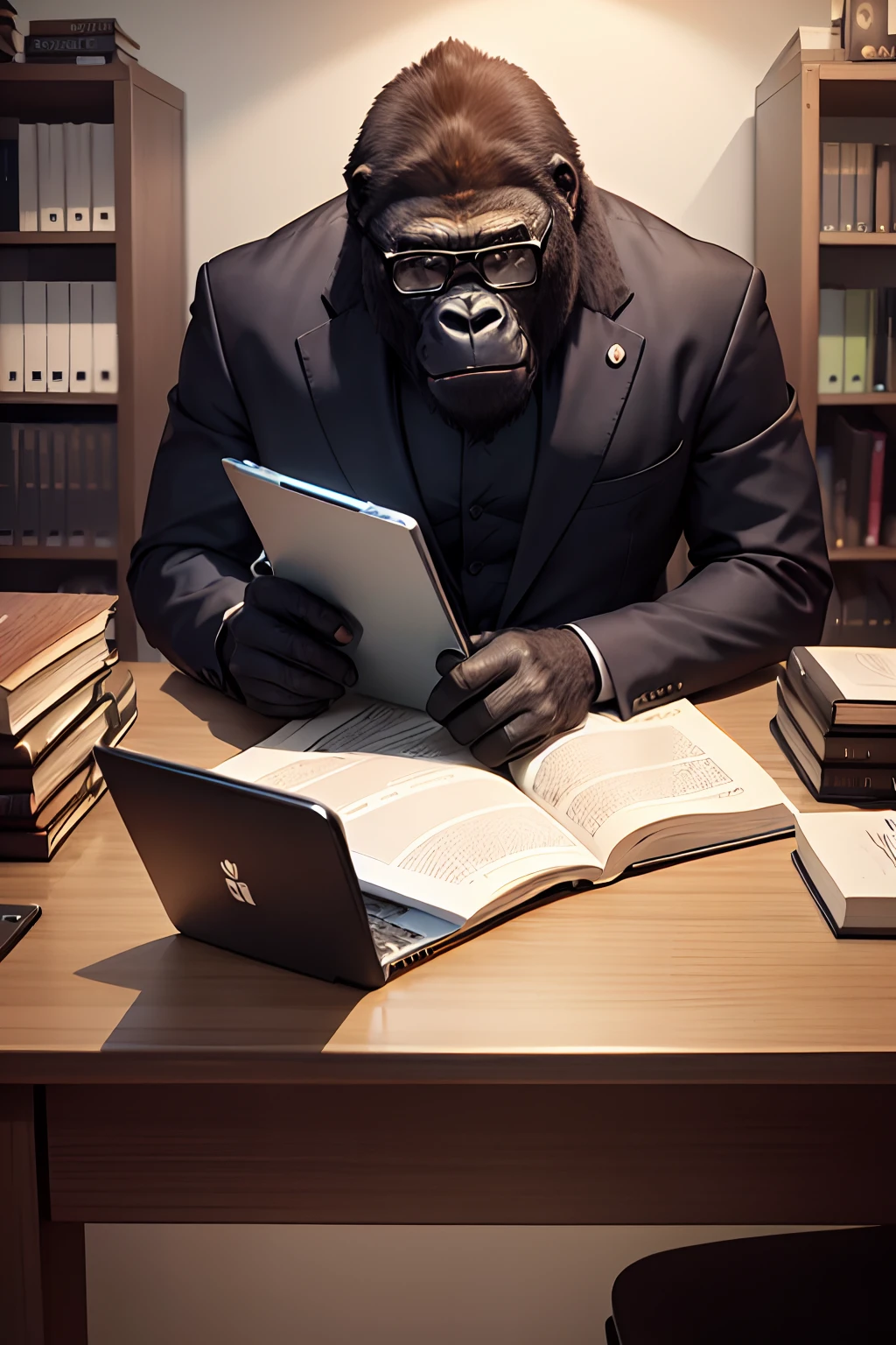 gorilla、(Gorilla office worker、Business suits、eye glasses、Inside the office、Large amount of books、Work Desk、personal computers)