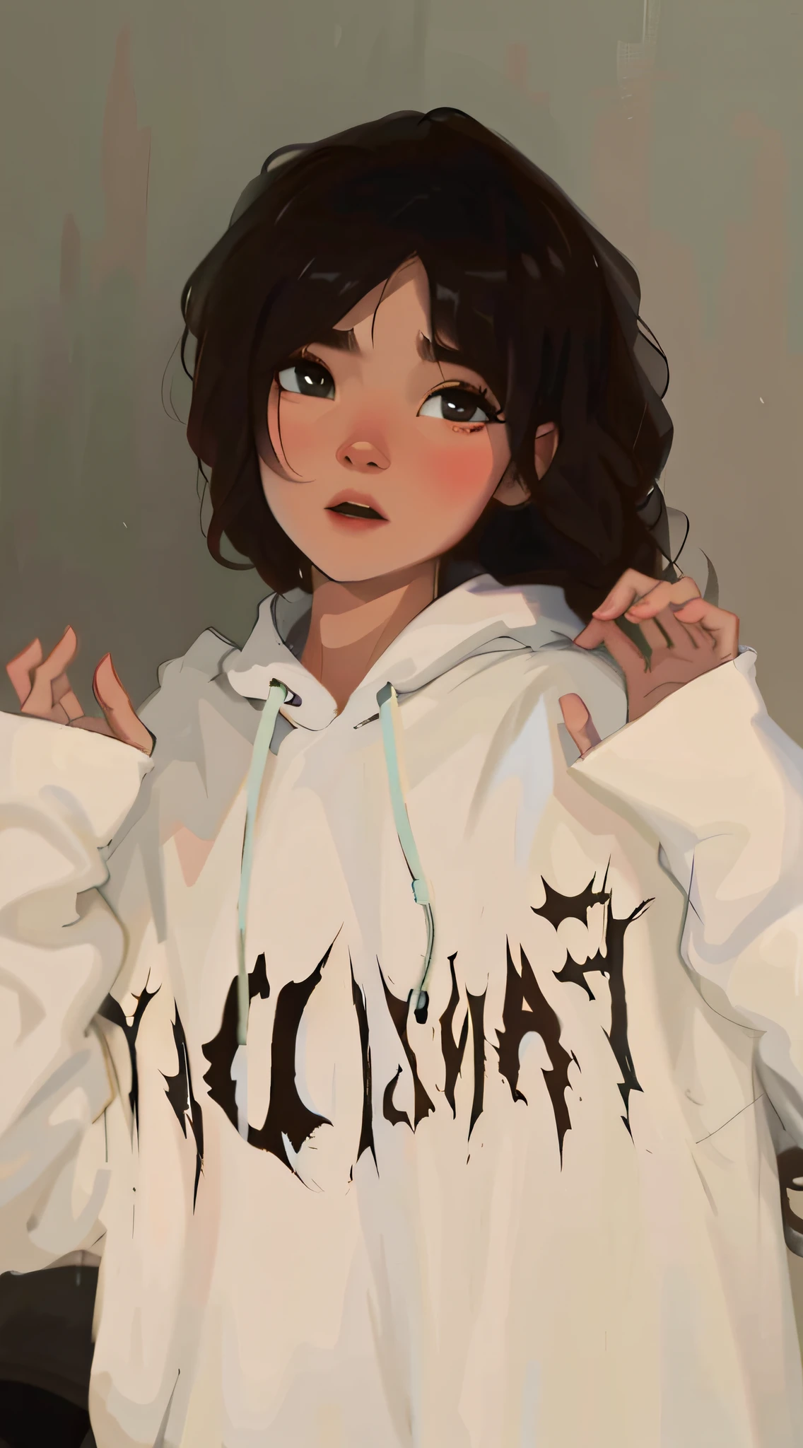 Close-up of a man wearing a white hoodie with a black design,black haired girl wearing hoodie, girl wearing hoodie, 1 7 -  - old me goth girl,Style anime, wearing a hoody