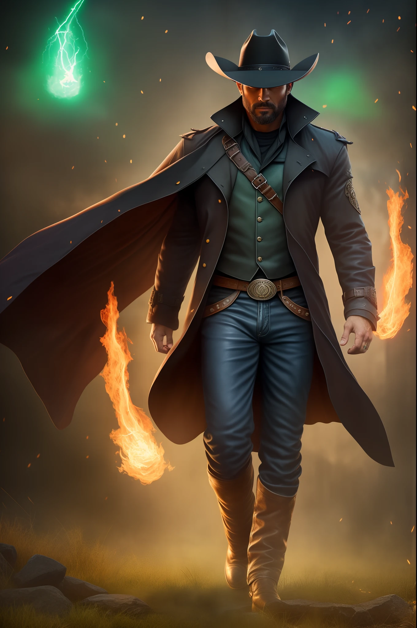 imagine a cowboy mage, wearing all black, black trench coat, black cowboy hat, magical, walking in a western post apocalyptic town, hes wearing a magical glowing trench coat, hes lit up with energy, a fireball spell is being cast with his other hand. He holds a green glowing sword,highly detailed, intricate, trending on artstation, magical realism, shot on Sony A7s iii