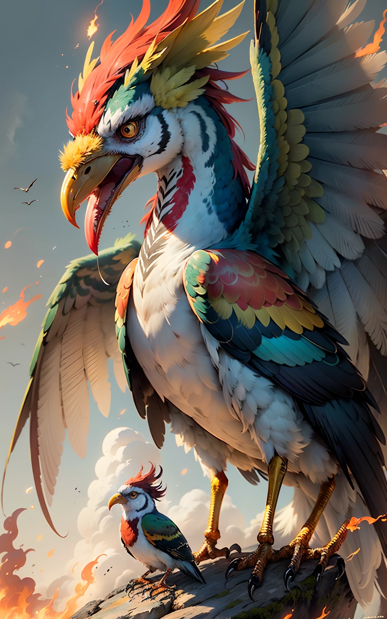 ((Best Quality, Masterpiece, Absurd, Ultra Detailed, Realistic)), Phoenix ((A mythical bird from ancient Egyptian mythology, majestic bird, large majestic bird with vibrant red, orange and gold feathers, measuring up to 9 meters or plus, the bird's eyes are bright yellow or golden, and its beak and claws are sharp and powerful, feathers are often depicted as on fire, representing the bird's ability to be reborn from its own ashes))