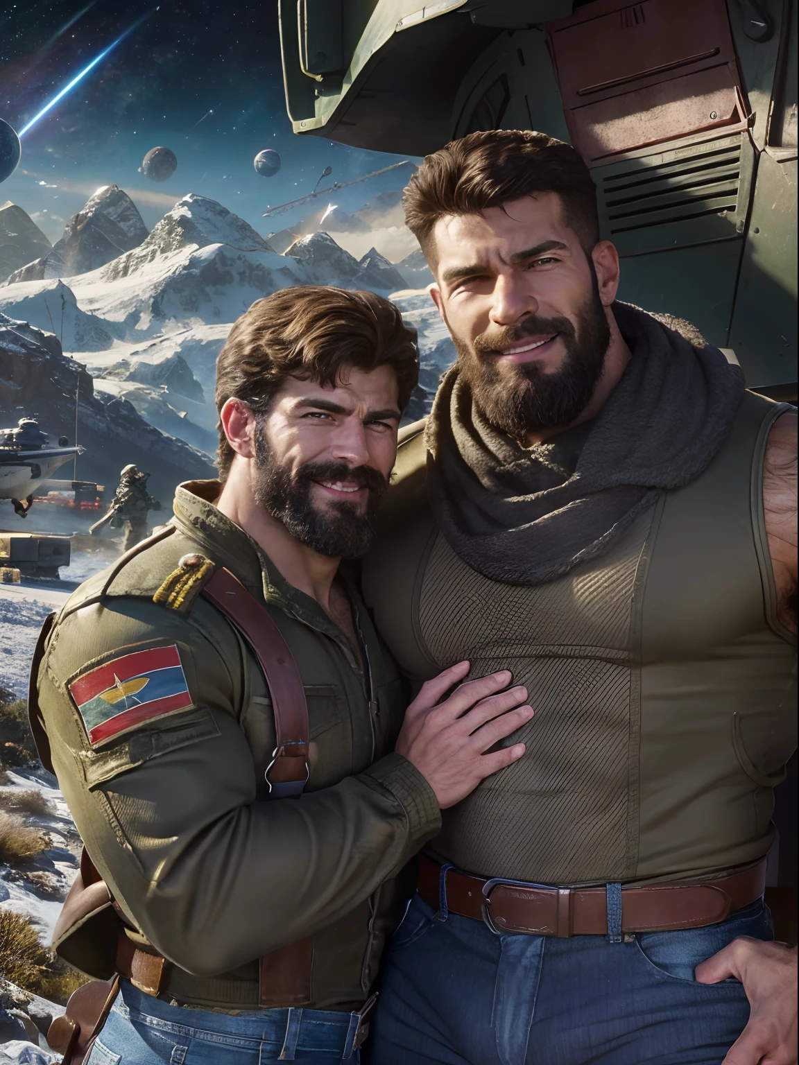 A two muscular Soviet Union soldiers on vacation, hairy body, alpha male, huge biceps, ripped abs, shaggy hair, jeans, mountain spaceport with starships, cuddle together, smile, 4k, high detailed, beautiful, dark age, art by Stanley artgerm, by Daniel f gerhartz, by pino daeni, highly detailed, sharp focus.