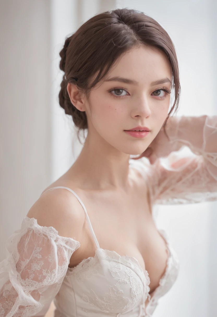 Lovely girl bedroom,solo,Look at the lens angle from the bottom up,Pink room,(modern day,Ultra-realistic display),Selfie pose,full bodyesbian,Soaked white corset,Black stockings,nsfw,Hands on your back,New skin,exquisite collarbone