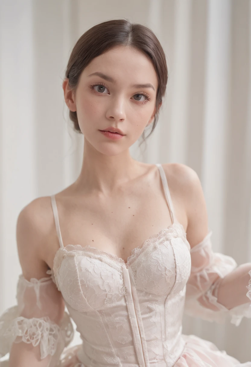 Lovely girl bedroom,solo,Look at the lens angle from the bottom up,Pink room,(modern day,Ultra-realistic display),Selfie pose,full bodyesbian,Soaked white corset,Black stockings,nsfw,Hands on your back,New skin,exquisite collarbone