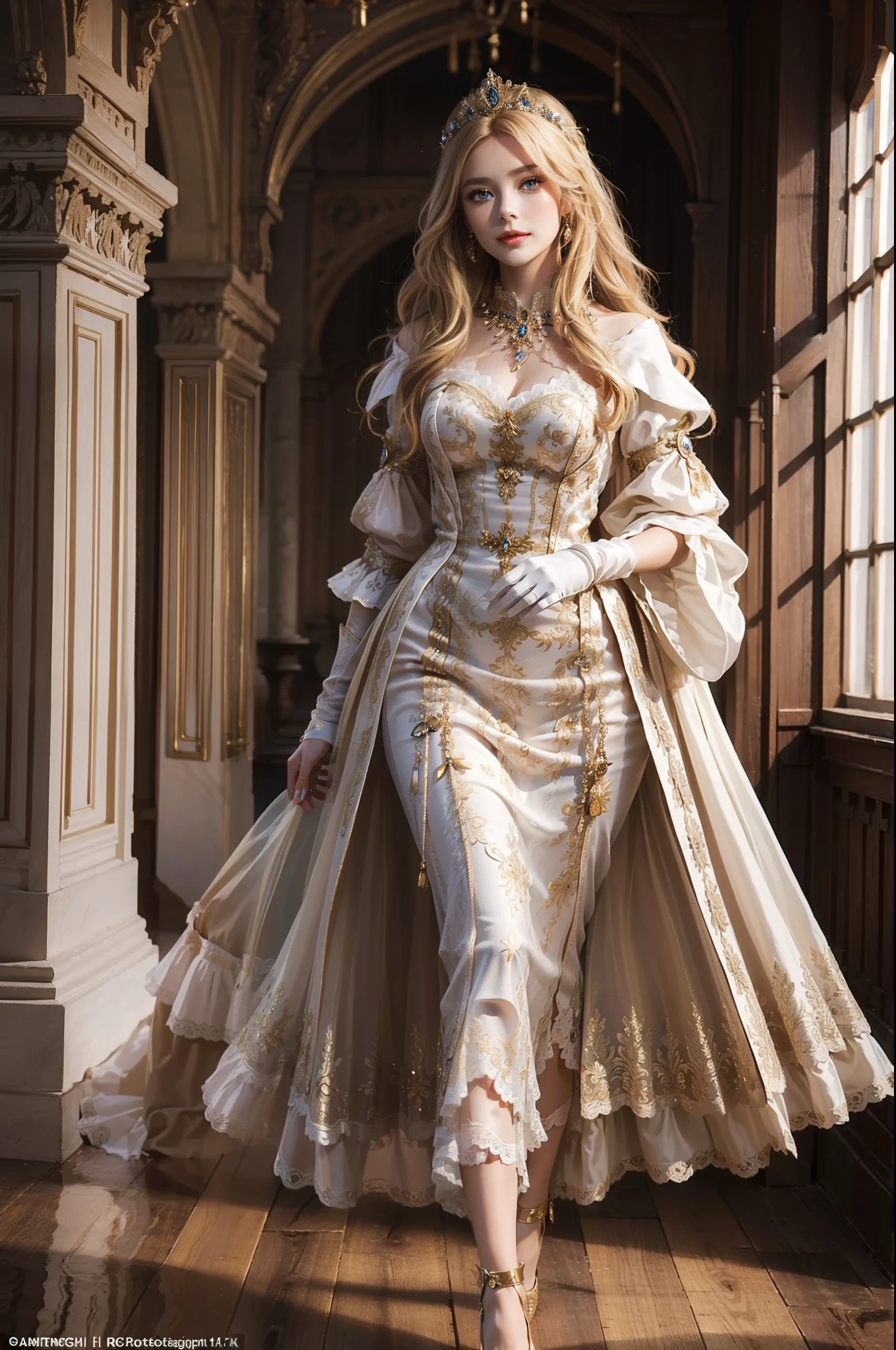 ((top-quality、​masterpiece、photographrealistic:1.4、in 8K))、Beautuful Women、18year old、Beautiful expression、a blond、extremely detailed eye and face、beatiful detailed eyes、Formal Gloves、（Gorgeous orange luxury dress in medieval European style、Headdress in the style of medieval Europe)、Red dress、Luxury accessories、（Woman walking in the corridor of a castle in European style）、Glass shoes、Cinematic lighting、Textured skin、Super Detail、high detailing、High quality、hight resolution、Looking at Viewer、Elegant smile、Full body、europian、