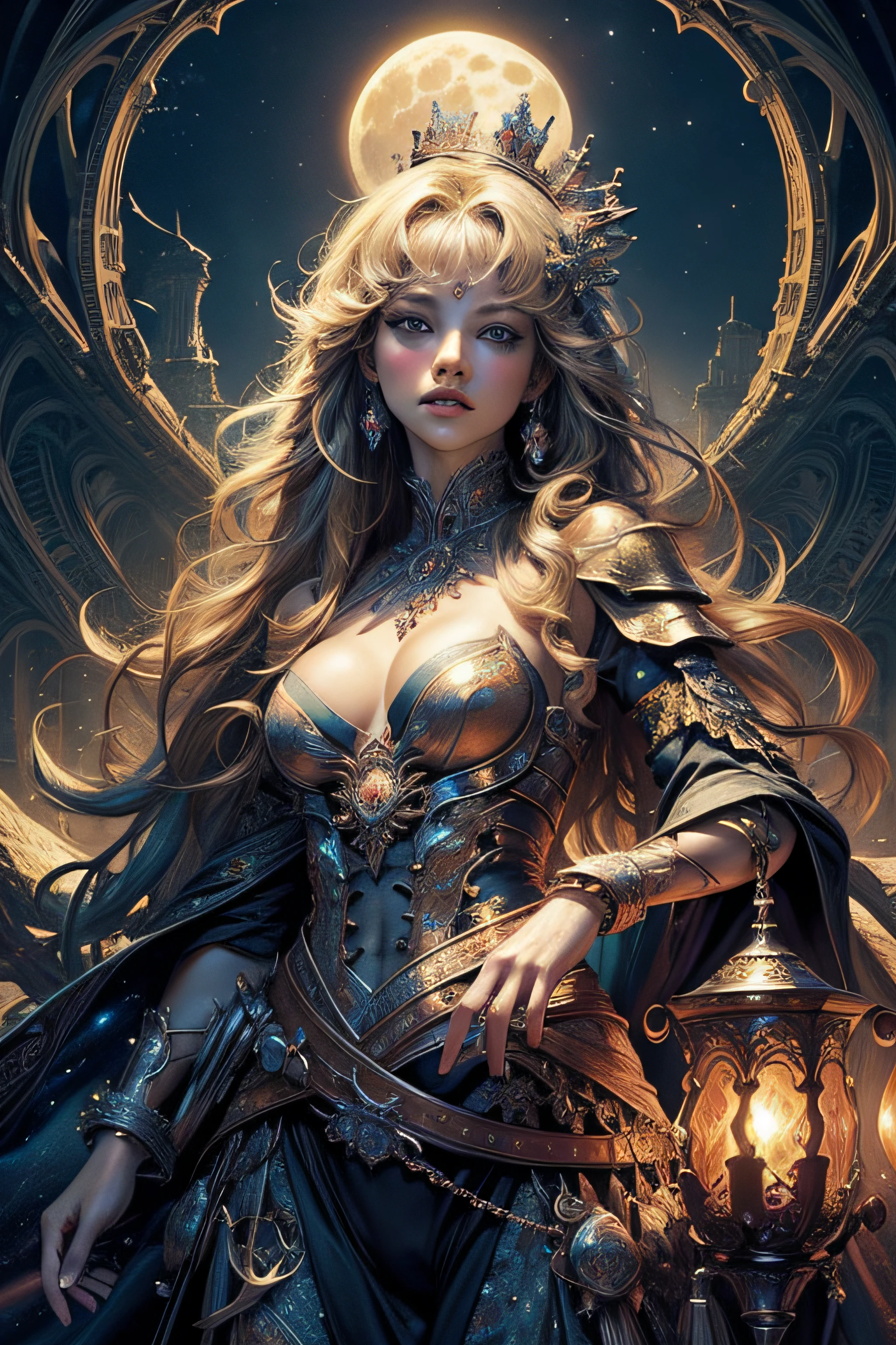 (masterpiece, top quality, best quality, official art, beautiful and aesthetic:1.2), (1girl), extreme detailed,(fractal art:1.3),colorful,highest detailed, crown, princess, looking at full moon