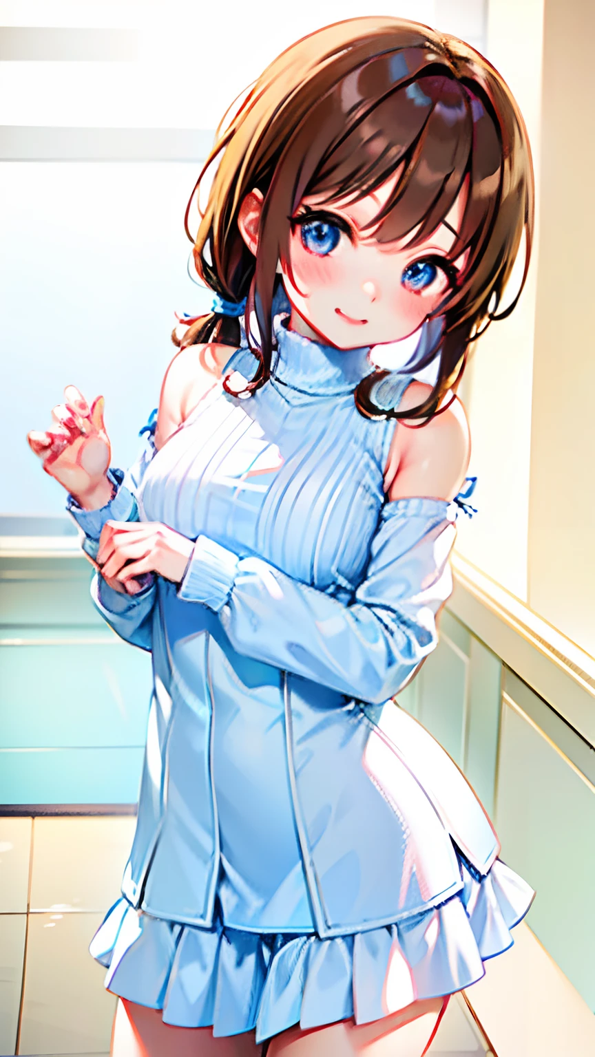 (8K、4K、Top image quality、hight resolution、超A high resolution:1.1)、(masterpiece、realisitic、Photorealsitic:1.1)、whip and petite short stature,、Young and cute idol smile、(Huge breasts)(Clothed big breasts , Loli breasts,a miniskirt)Raw feet、Double piece with hands raised (White plain clothes ,Shoulder knitting,)