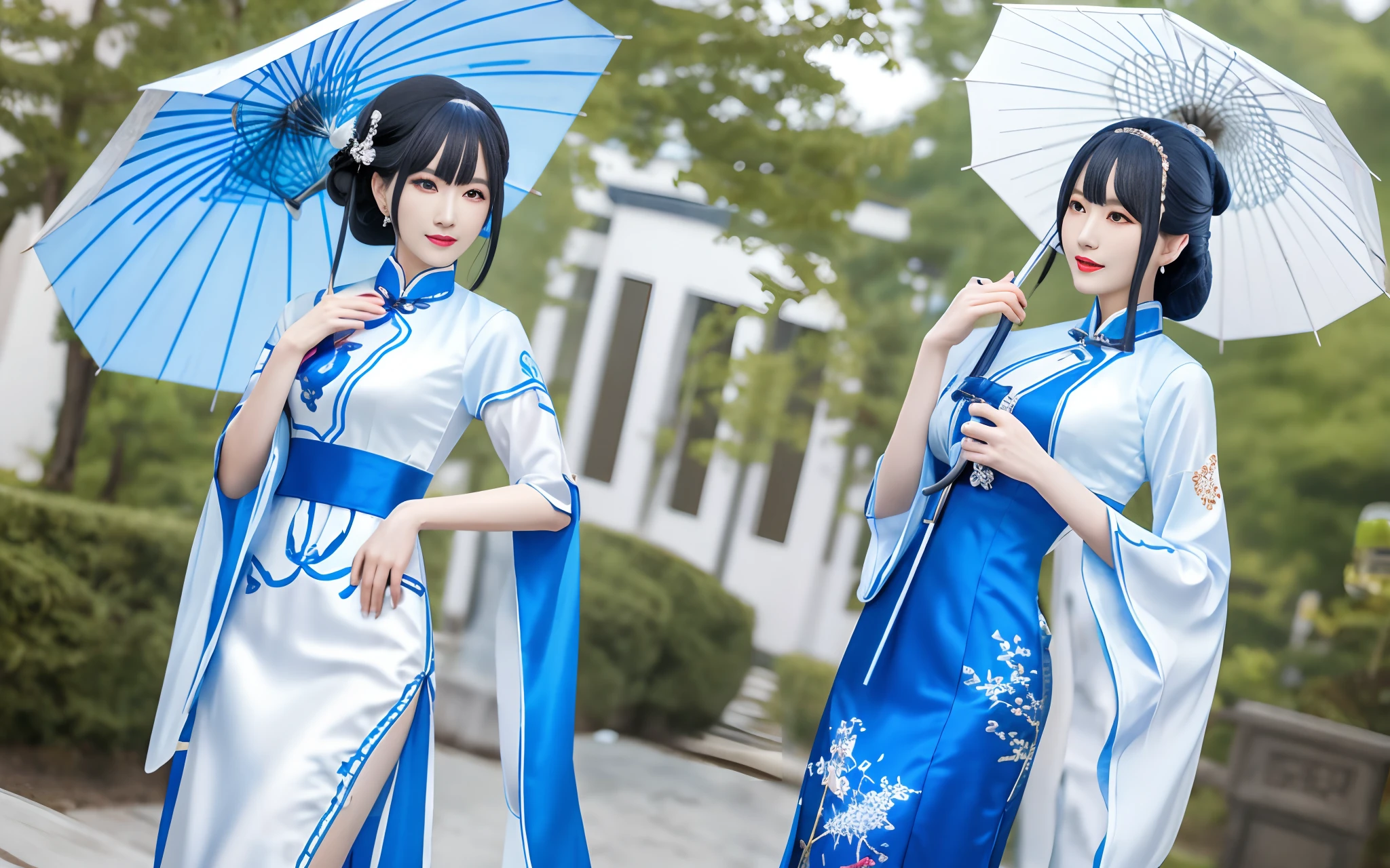 Photo of woman in blue dress holding an umbrella, Cheongsam, Anime girl cosplay, White Hanfu, wearing a blue qipao dress, inspired by Leng Mei, elegant glamourous cosplay, full-body xianxia, Chinese costume, Anime cosplay, in a blue qipao, inspired by Li Mei-shu, publicity cosplay, Chinese girl