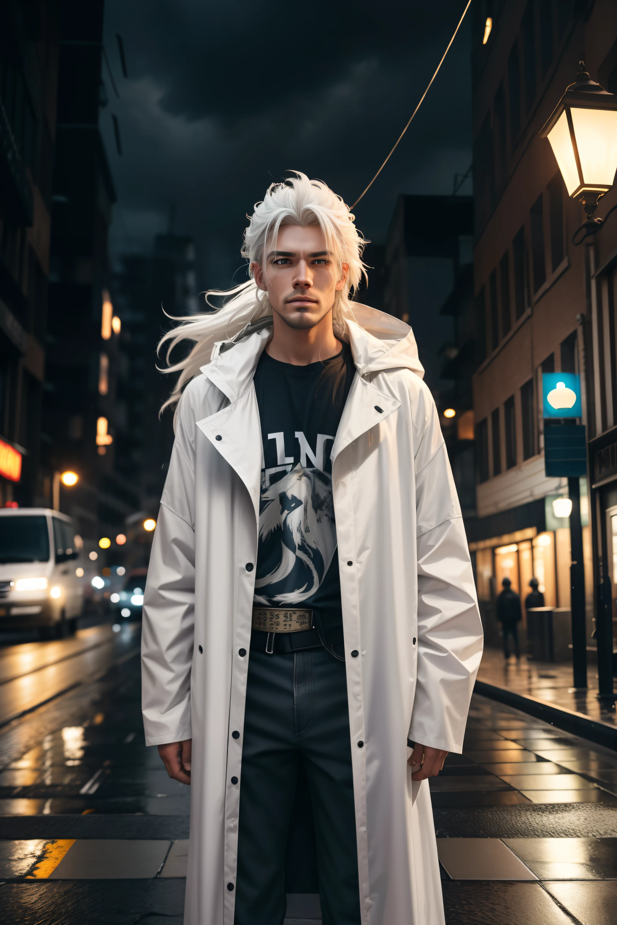 Mullet wolf tail hair,raining day,the city street,It's windy,glomy,cool guy,White hair,lamp lights,overcast day,raincoat,Put your hands in your pockets,Eyes are focused,There are stains on the corners of the mouth