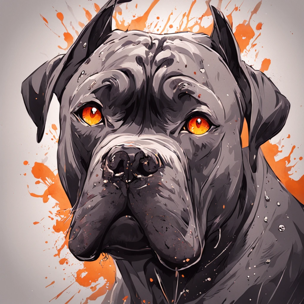 Arte de tatuagem de cane corso realista cinza preto com (((olhos alaranjados))) Displays an ink splash sketch effect ,de boca aberta, ele parecia muito feroz e zangado,Classical Chinese art style
