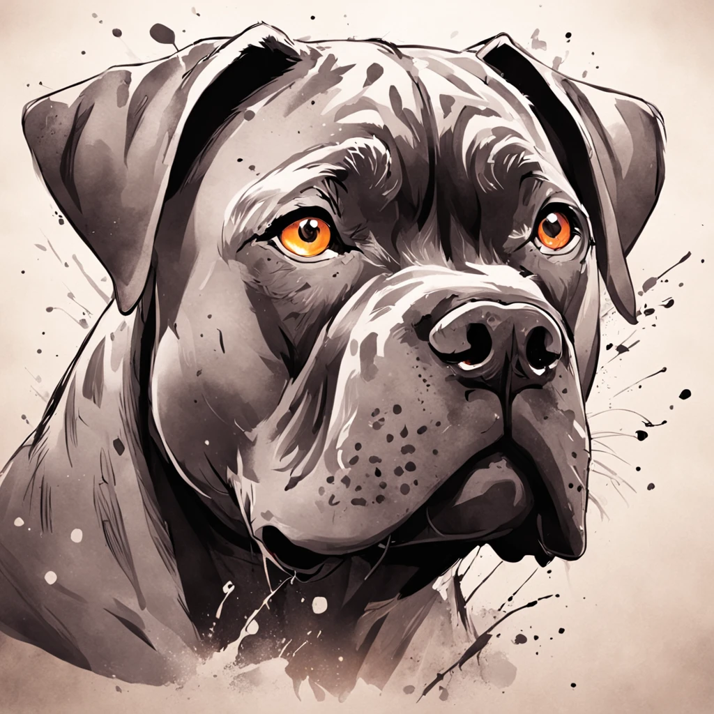 Arte de tatuagem de cane corso realista cinza preto com (((olhos alaranjados))) Displays an ink splash sketch effect ,de boca aberta, ele parecia muito feroz e zangado,Classical Chinese art style