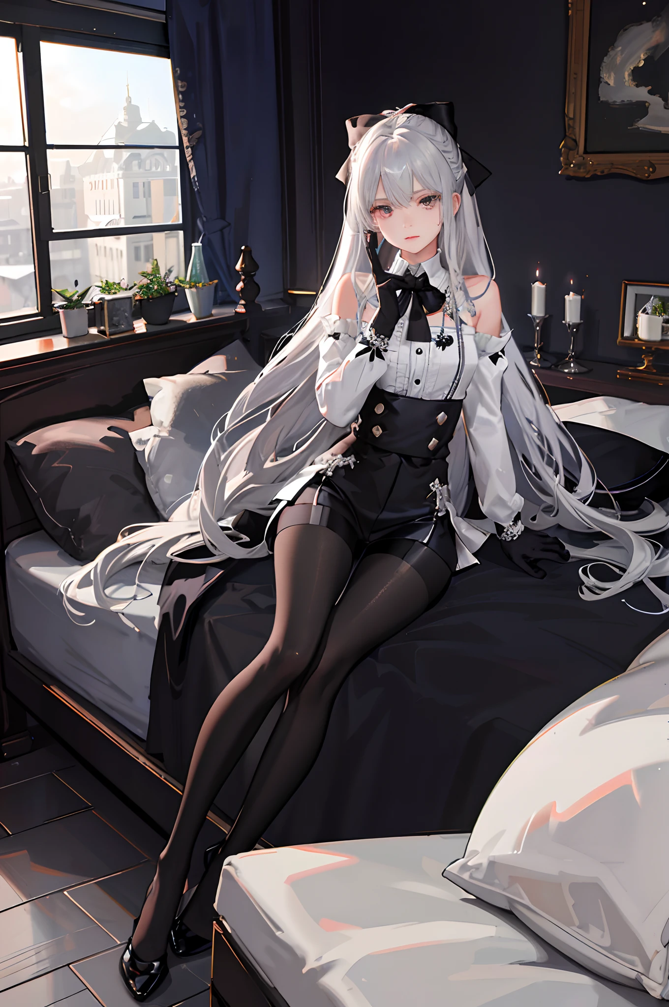 Anime demon girl sitting on the bed,legs crossed, Perfect white haired girl, white haired Cangcang, White-haired, beautiful anime girl crouching, Cute anime girl, seductive anime girls, Girl with white hair, (Anime girl), attractive anime girls, small curvaceous , lolidress, white haired lady, Anime girl, pretty anime girl, Kantai collection style