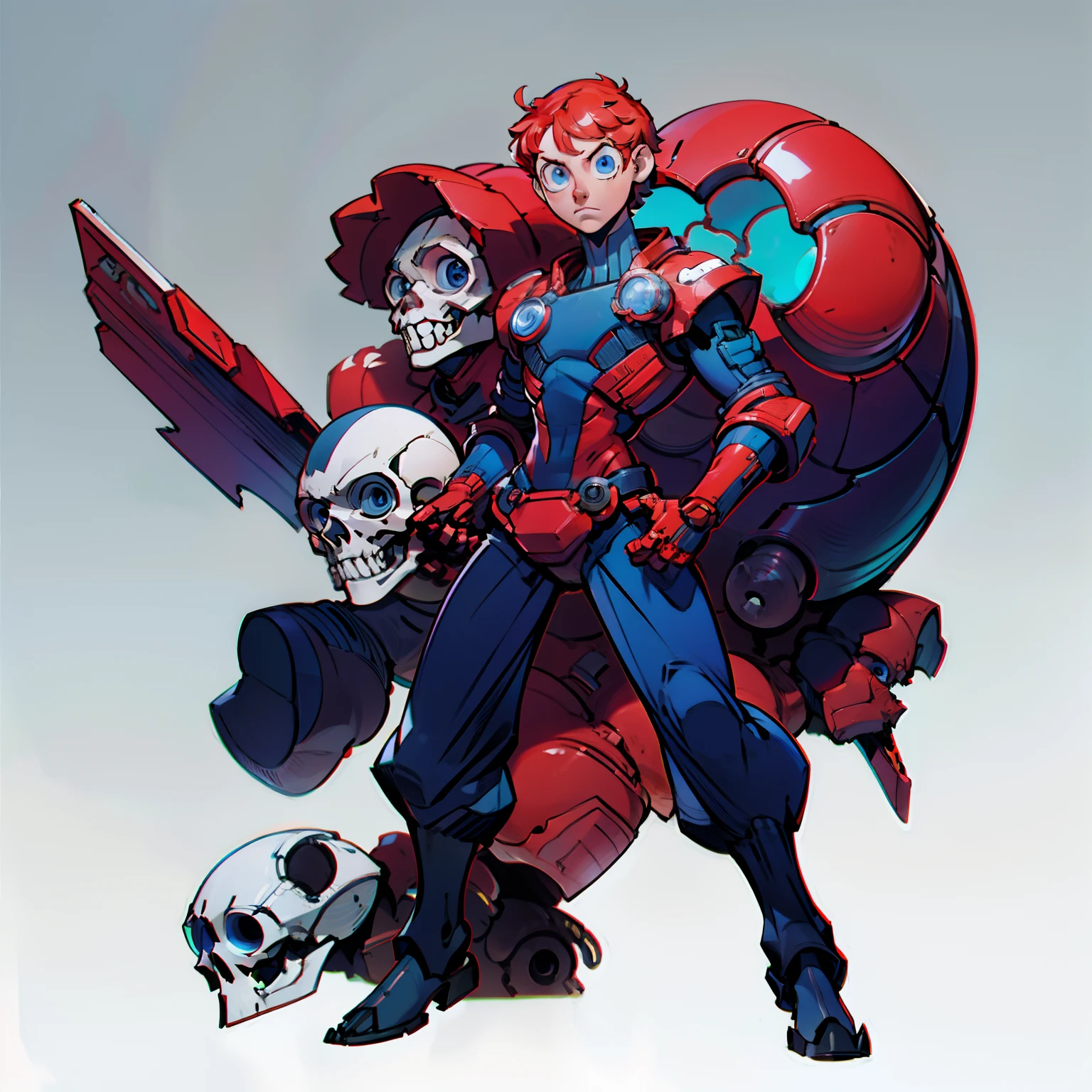 masutepiece, Best Quality, Full body shot, No background, White background, Red Mercury, Man's, alien, Short hair, Machine Gloves, skull head, Wide pants, sky-blue eyes, robot