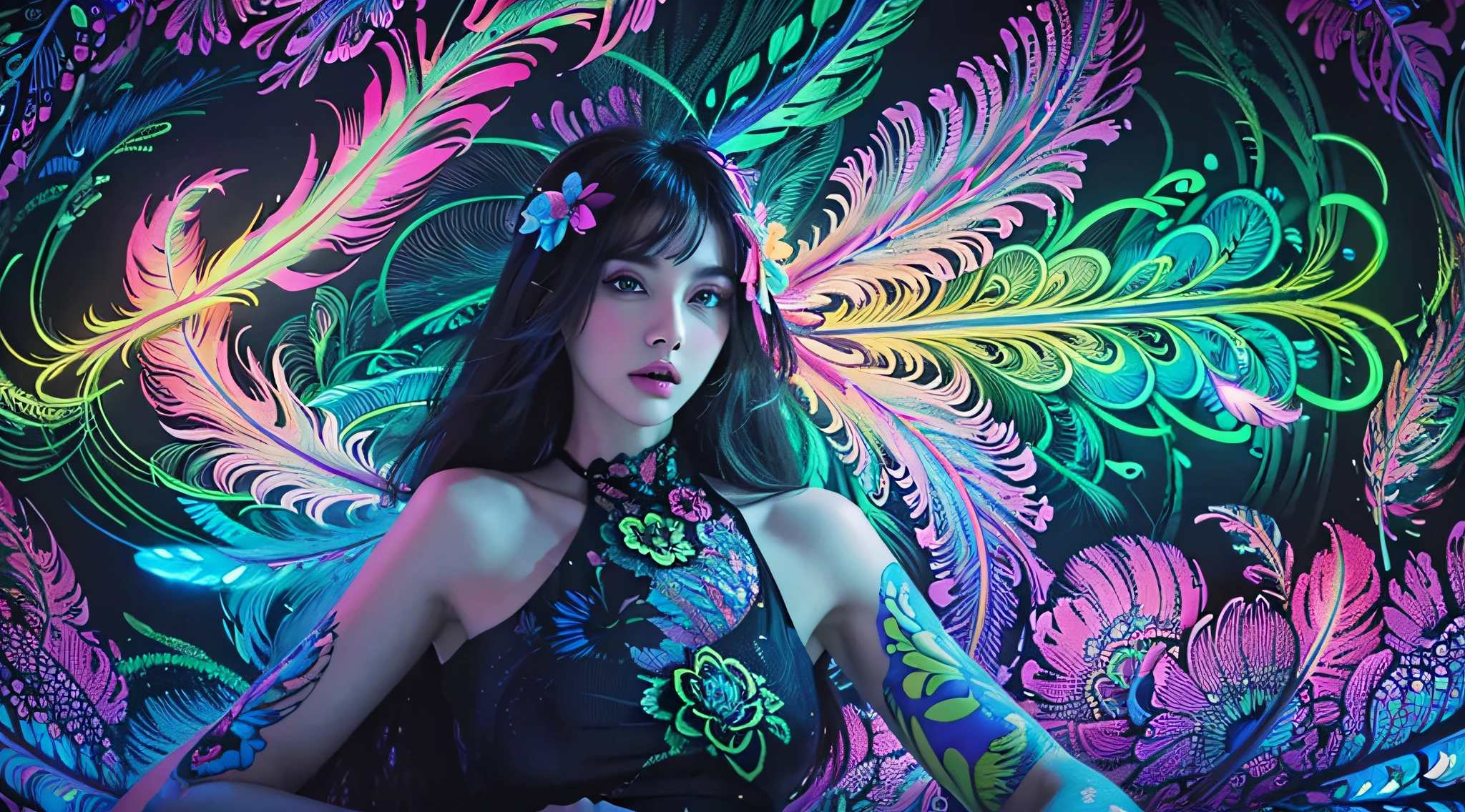 masterpiece, top quality, best quality, official art, beautiful and aesthetic:1.2), (1girl:1.3), extremely detailed,(fractal art:1.1)neon,(colorful:1.1)neon(flowers:1.3)neon,highest detailed,(zentangle:1.2)neon, (dynamic pose), (abstract background:1.3) neon, (shiny skin), (many colors:1.4)neon, (feathers:1.5), neonlight