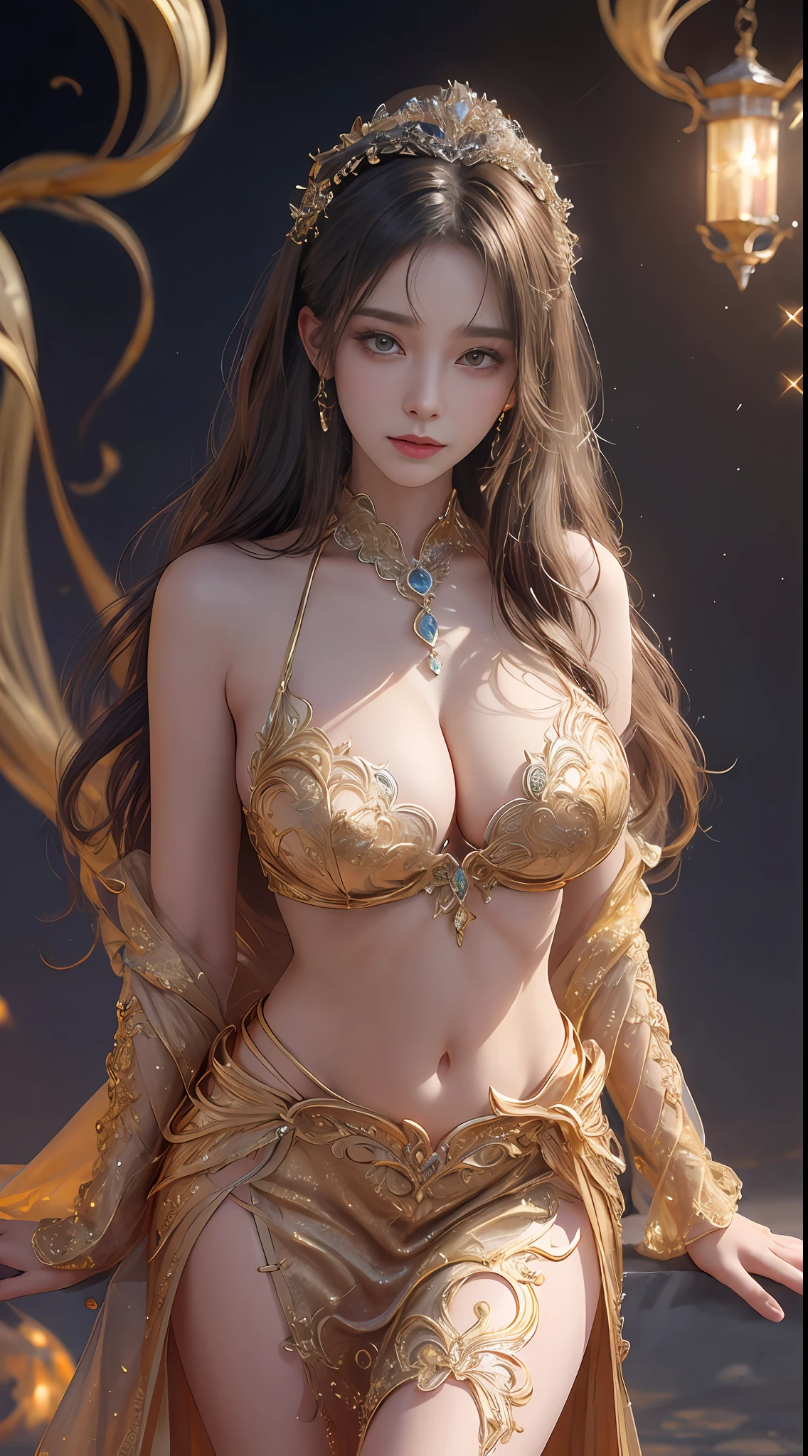 Woman in a golden transparent dress,view the viewer,(((Huge breasts, Large cleavage))),Slim waist,(navel baring,Bare waist), Long hair, Ultra-detailed details,High-end Zhenyi station, Rainstorm site, detailed fantasy art, Stunning character art, Beautiful and exquisite character art, Beautiful gold and silver armor, Extremely detailed, Girl in shiny armor, Exquisite tiaras and jewelry,Crystal jewelry filigree, milky ways, Stunning visuals, (dynamic streaks, light tracks:1.2), Vibrant colors,