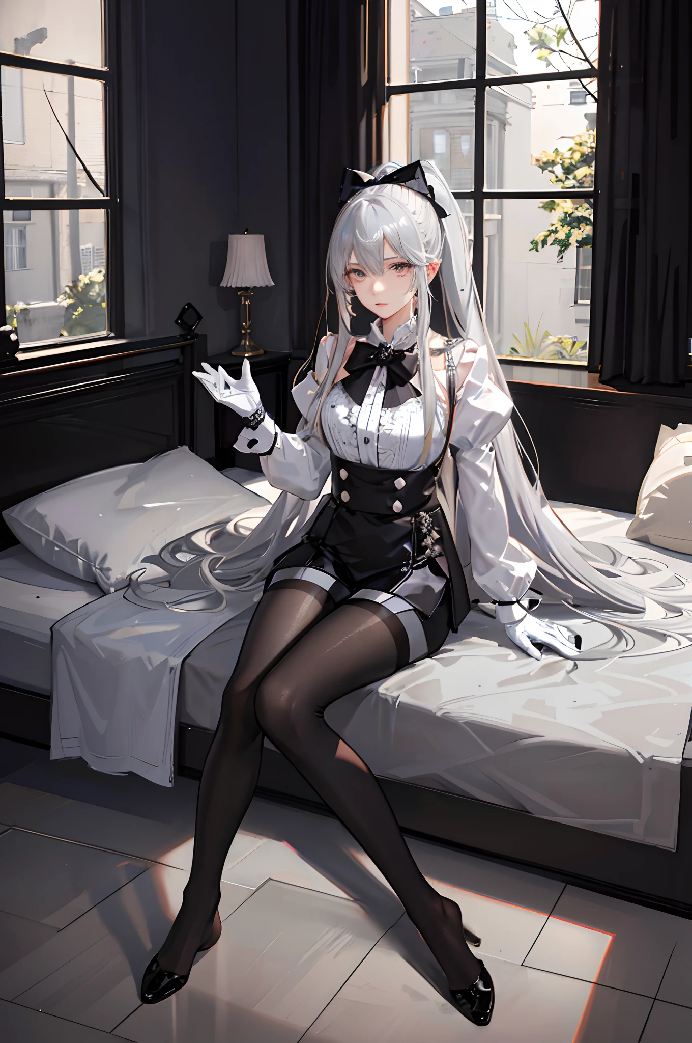 (((1 girl)),ray tracing,(dim lighting),[detailed background (bedroom)),((silver hair)),((silver hair)),(Fluffy silver hair, plump slender girl)) with high ponytail)))) Avoid blonde eyes in the ominous bedroom ((((Girl wears intricately embroidered black high-waisted pants with pantyhose) and white ruffled bow gloves), showing a delicate slim figure and graceful curves, correct limbs, sitting on the bed