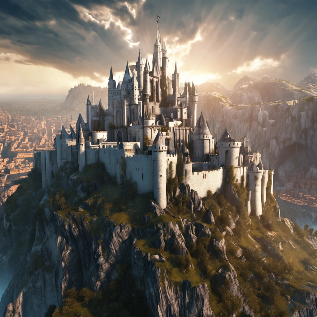 masterpiece, best quality, hd, hyper detailed, epic city, a white glorious medieval city, medieval, fantasy rpg, castle, perfect light, large city, minas tirith, giant dragon, white sky, high bright, ultra hd ::n_blurry, cartoon, poorly drawn