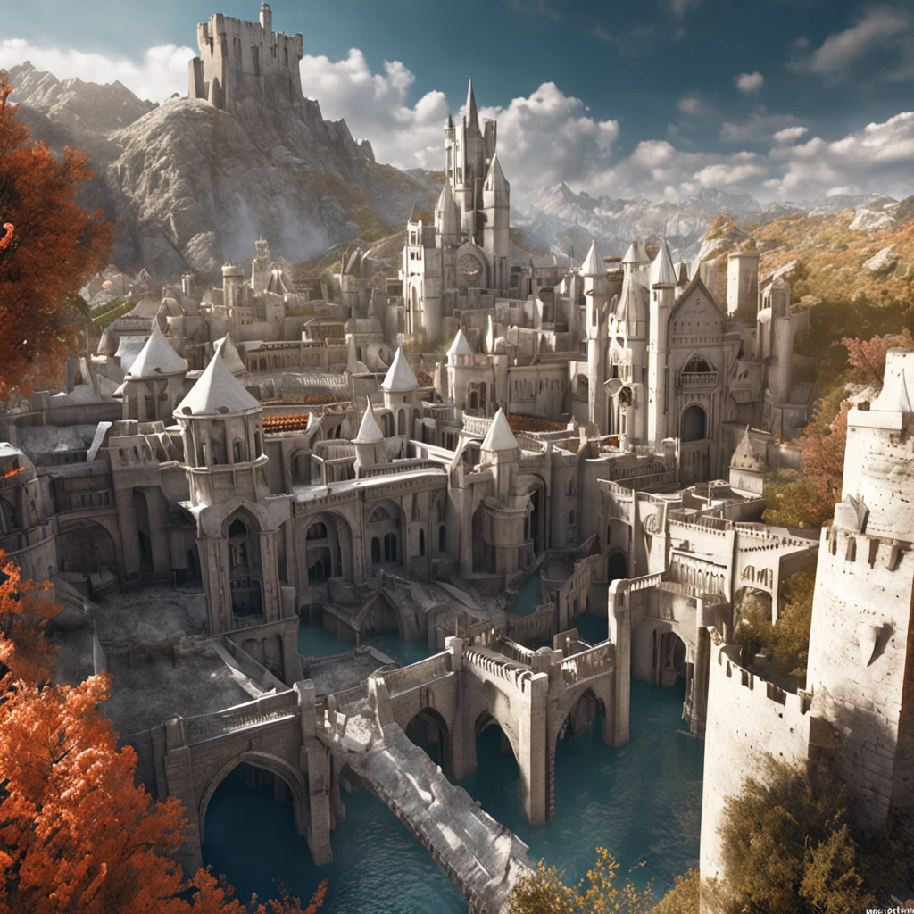 masterpiece, best quality, hd, hyper detailed, epic city, a white glorious medieval city, medieval, fantasy rpg, castle, perfect light, large city, minas tirith, giant dragon, white sky, high bright, ultra hd ::n_blurry, cartoon, poorly drawn