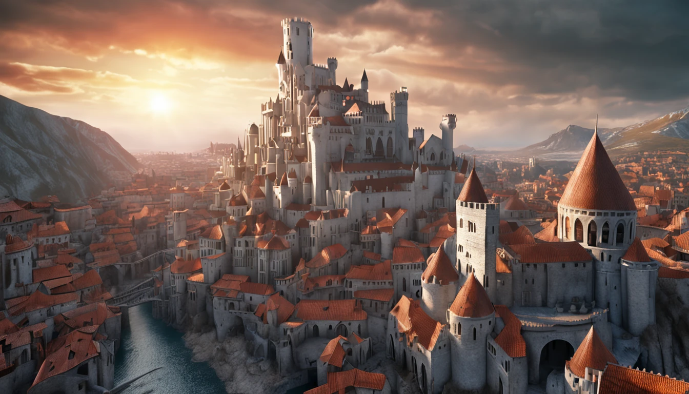 masterpiece, best quality, hd, hyper detailed, epic city, a white glorious medieval city, medieval, fantasy rpg, castle, perfect light, large city, minas tirith, giant dragon, white sky, high bright, ultra hd ::n_blurry, cartoon, poorly drawn