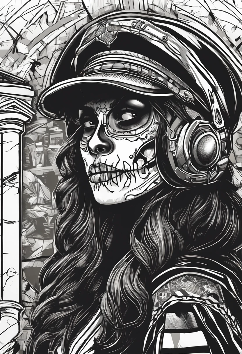 Uma caveira com um toque estilo grafite, renderizado em um cartum, estilo de quadrinhos preto em branco