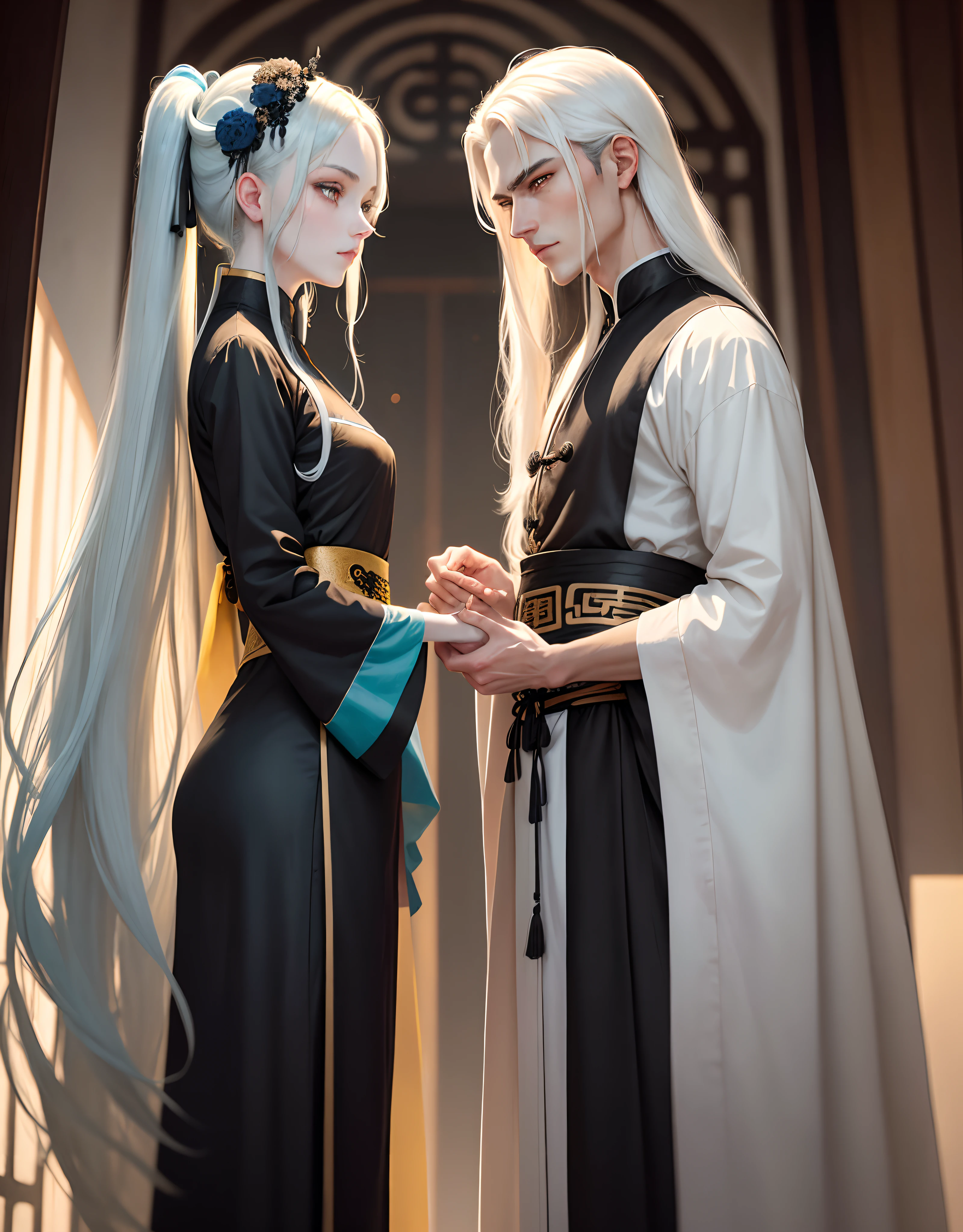 a man and a woman Stand on either side,man is 3 years younger than woman.The is a strong and handsome boy,slim figure tall and Delicate face,oval face。You can see a monkey tail at the taill of the man,and the man's hair is black and tidy,eyes shining a slight blue light.Woman is a beautiful girl,Small body, long and gray hair,Yellow to white skin, eyes in black but the outer corner of eyes shining a slight cyan light.they stare at each other.Brimming with love。The type of the painting is of ancient Chinese style