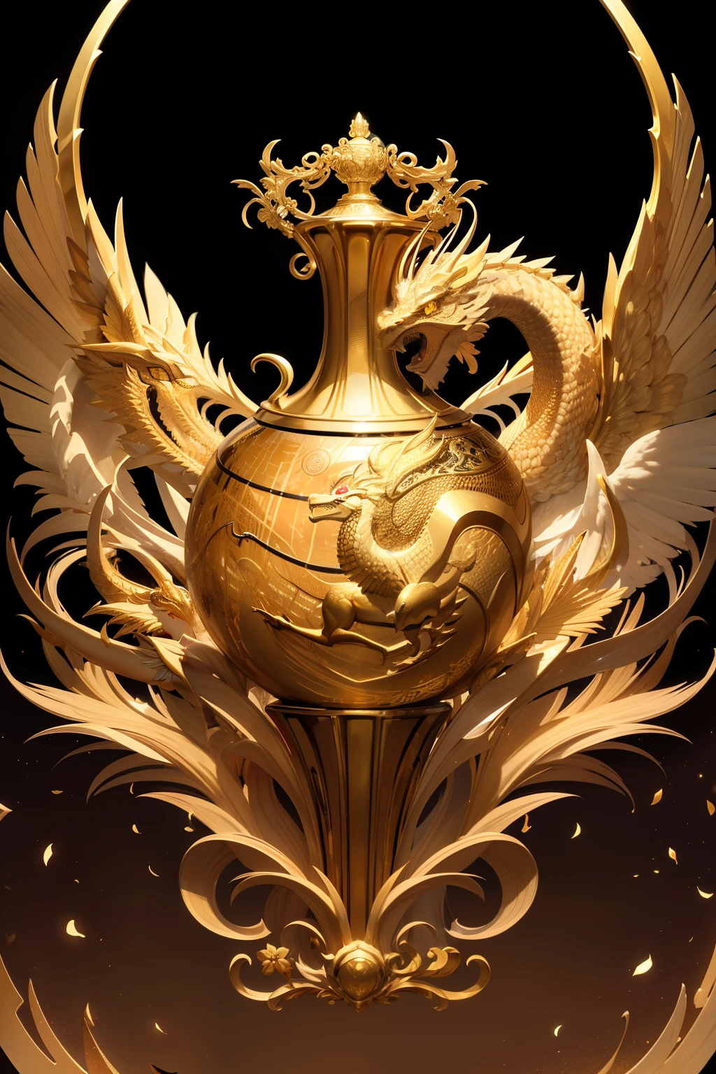 An astonishing and tension-filled trophy, the trophy is entirely gold in color.realistic,symmetrical,white background,delicate refective, At the top of the trophy, there is the head of a golden Chinese dragon, while the lower half of the trophy features a black base. --ar 4:5 --q 2 --v 5.