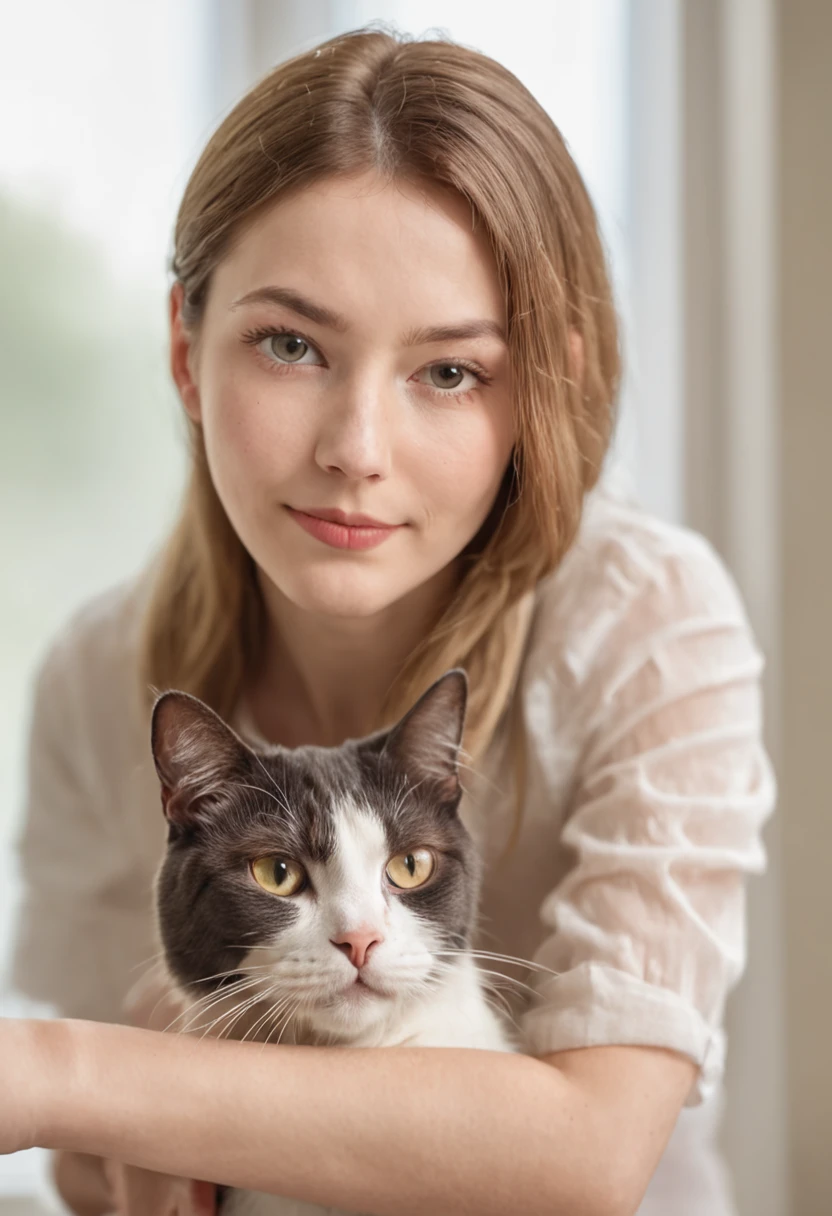 A woman pet groomer carefully brushing a contented cat in a sun-drenched room.
