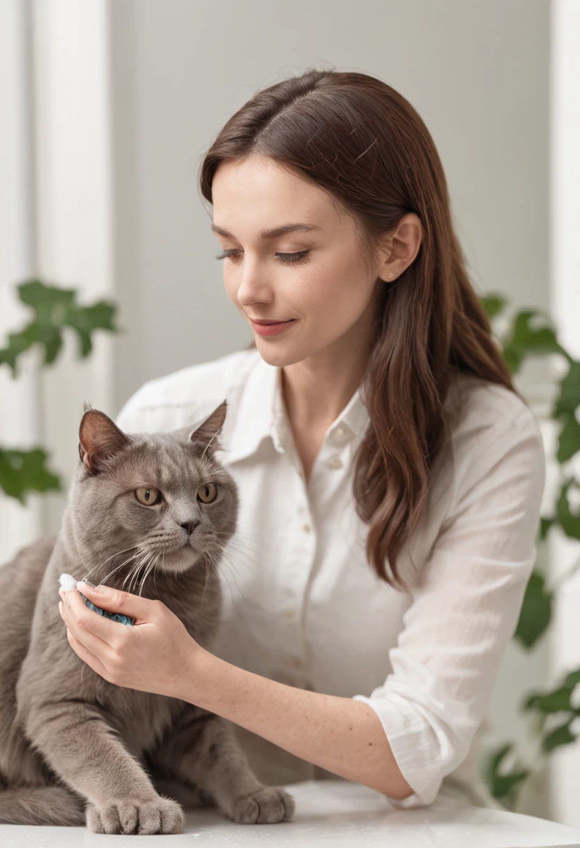 A woman pet groomer carefully brushing a contented cat in a sun-drenched room.