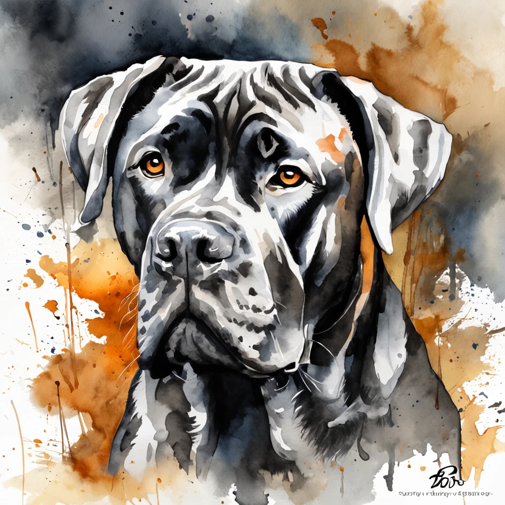 Arte de tatuagem de cane corso realista cinza preto busto, com (((olhos alaranjados))) Displays an ink splash sketch effect ,de boca aberta, ele parecia muito feroz e zangado，Classical Chinese art style