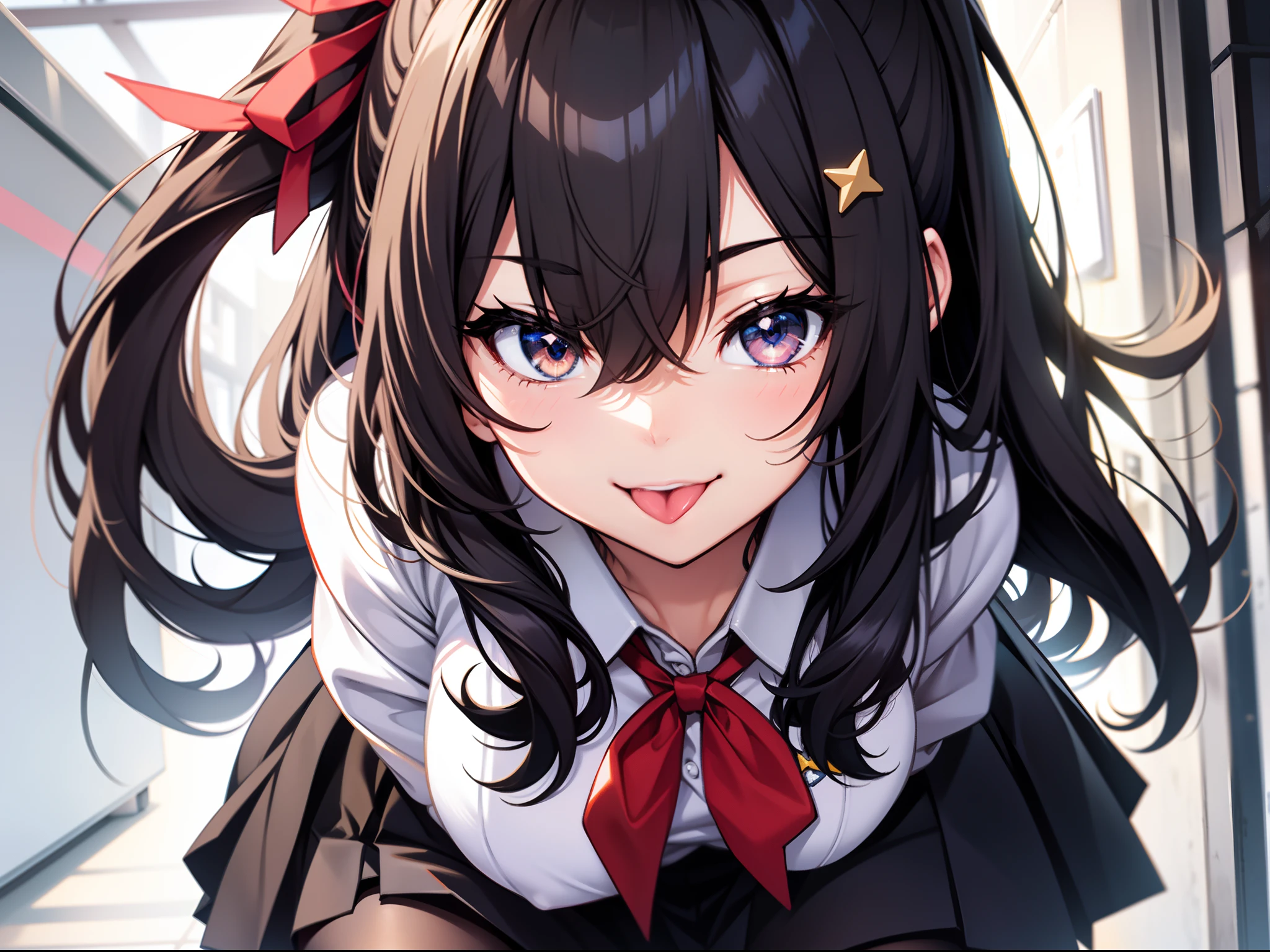 1girl, ;p, bell, black_hair, black_legwear, hair_ornament, hair_ribbon, long_hair, one_eye_closed, pantyhose, ribbon, school_uniform, skirt, smile, solo, star_(symbol), tongue, tongue_out
