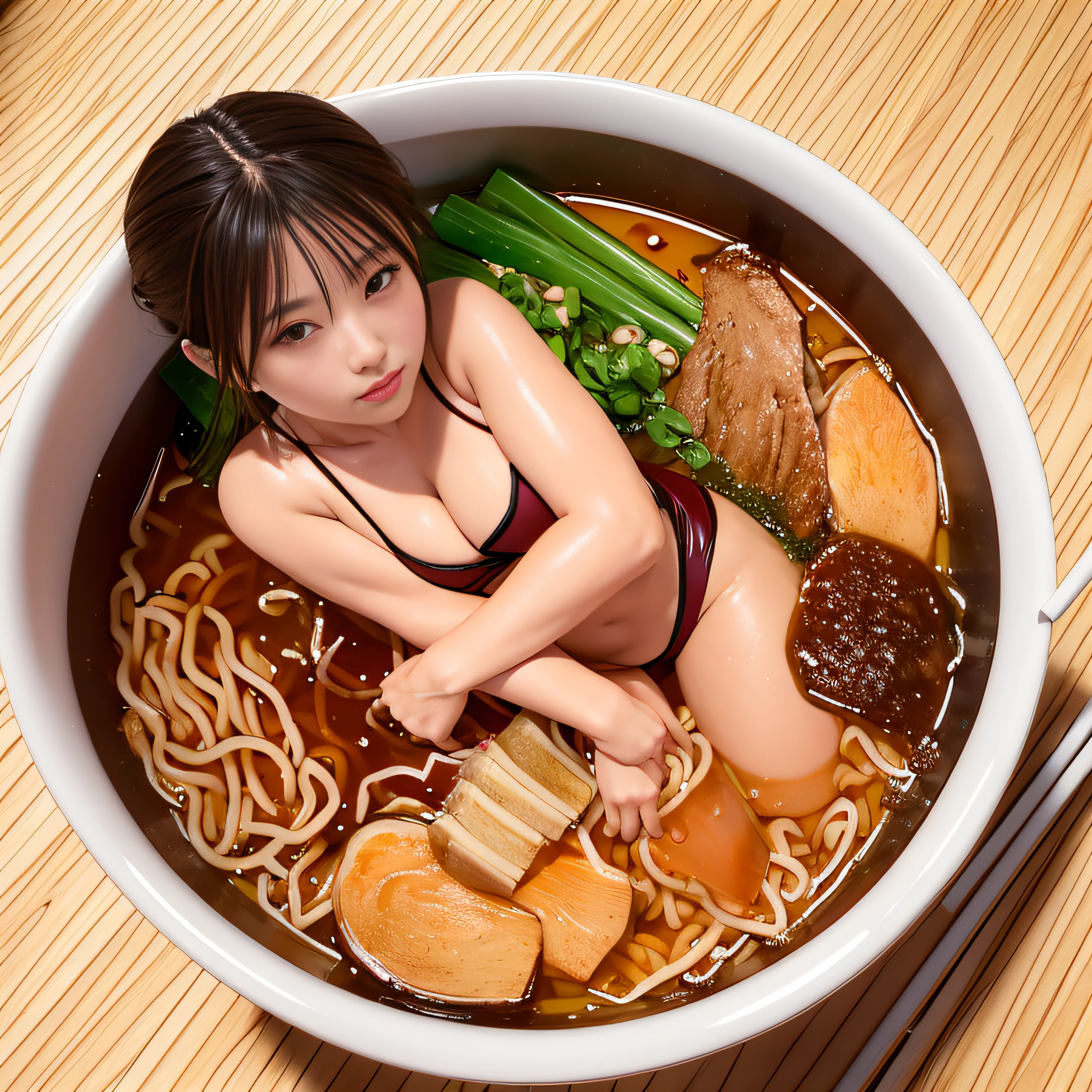 RAW image quality, 8K, (5cm tall girl in a swimsuit in soy sauce ramen), ultra high quality CG,